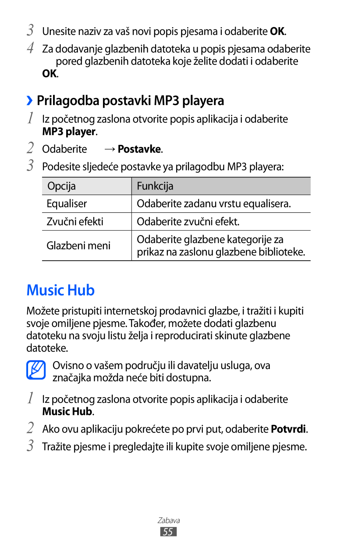 Samsung GT-P7500FKDTWO, GT-P7500UWDVIP, GT-P7500FKDTRA, GT-P7500FKDMOT manual Music Hub, ››Prilagodba postavki MP3 playera 
