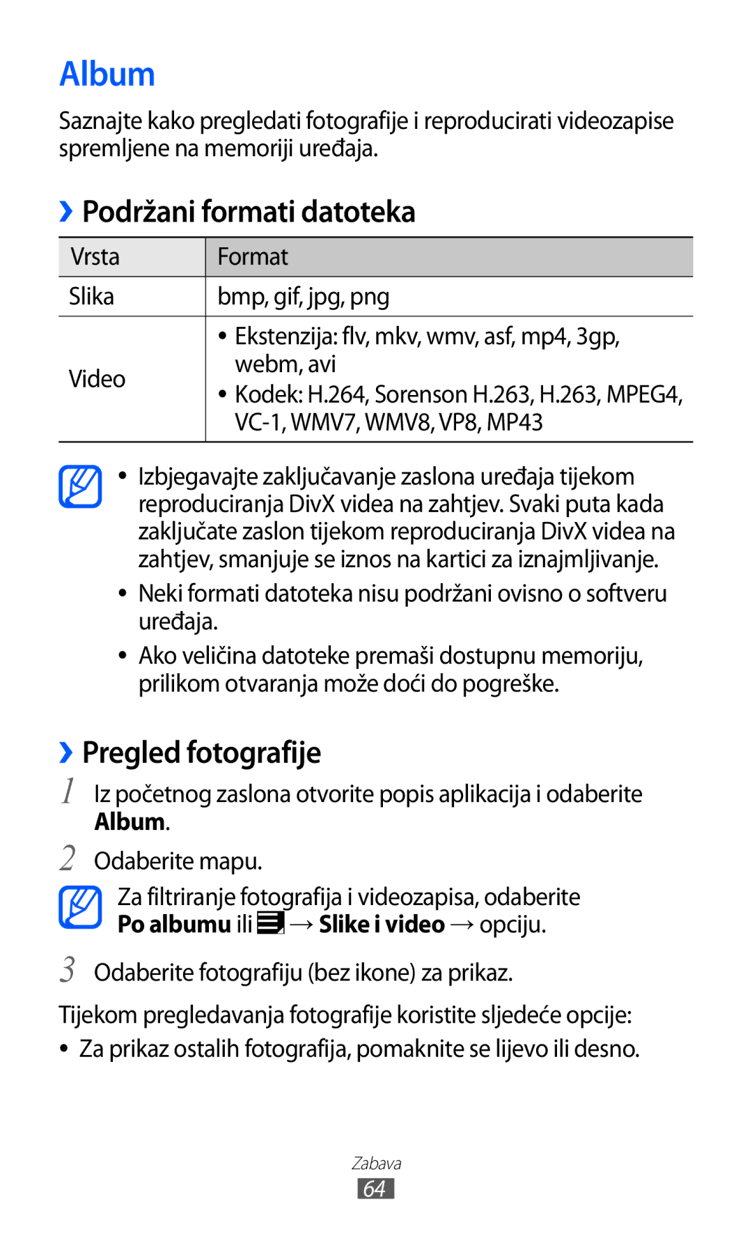 Samsung GT-P7500UWDVIP, GT-P7500FKDTRA, GT-P7500FKDMOT manual Album, Podržani formati datoteka, ››Pregled fotografije 