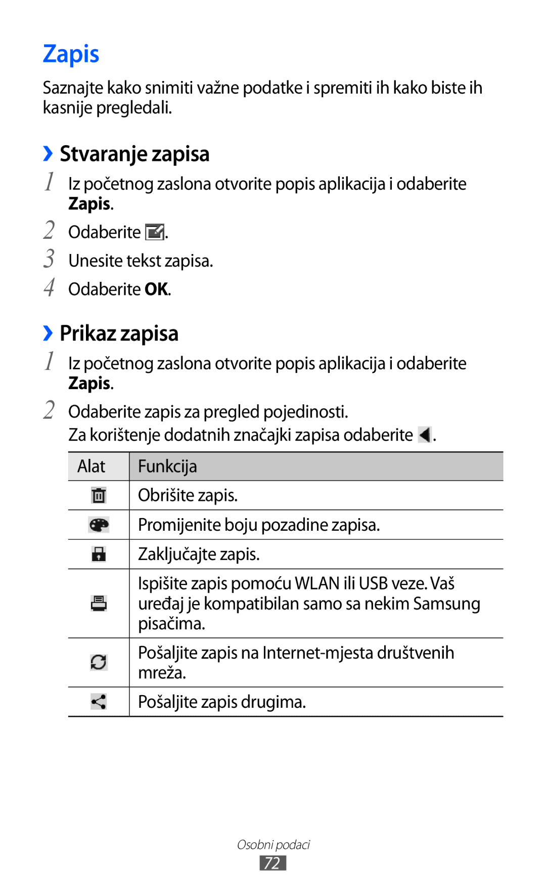 Samsung GT-P7500UWDVIP, GT-P7500FKDTRA, GT-P7500FKDMOT, GT-P7500UWDTRA manual Zapis, ››Stvaranje zapisa, ››Prikaz zapisa 