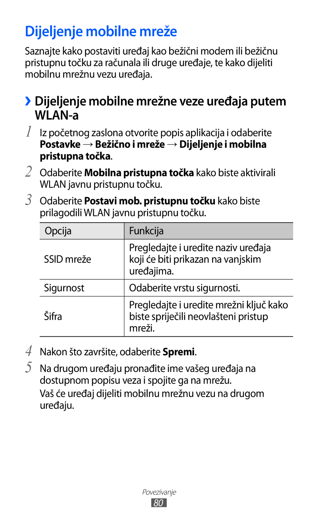 Samsung GT-P7500UWDVIP, GT-P7500FKDTRA, GT-P7500FKDMOT, GT-P7500UWDTRA, GT-P7500FKDCRG manual Dijeljenje mobilne mreže, WLAN-a 