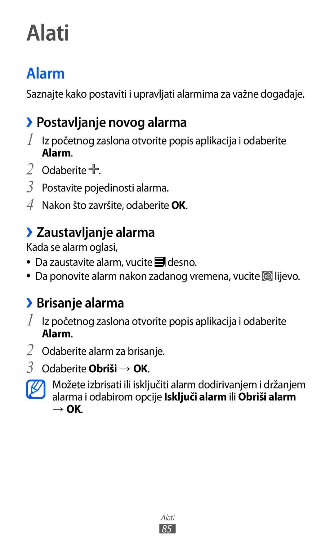 Samsung GT-P7500FKDVIP manual Alati, Alarm, ››Postavljanje novog alarma, ››Zaustavljanje alarma, ››Brisanje alarma 