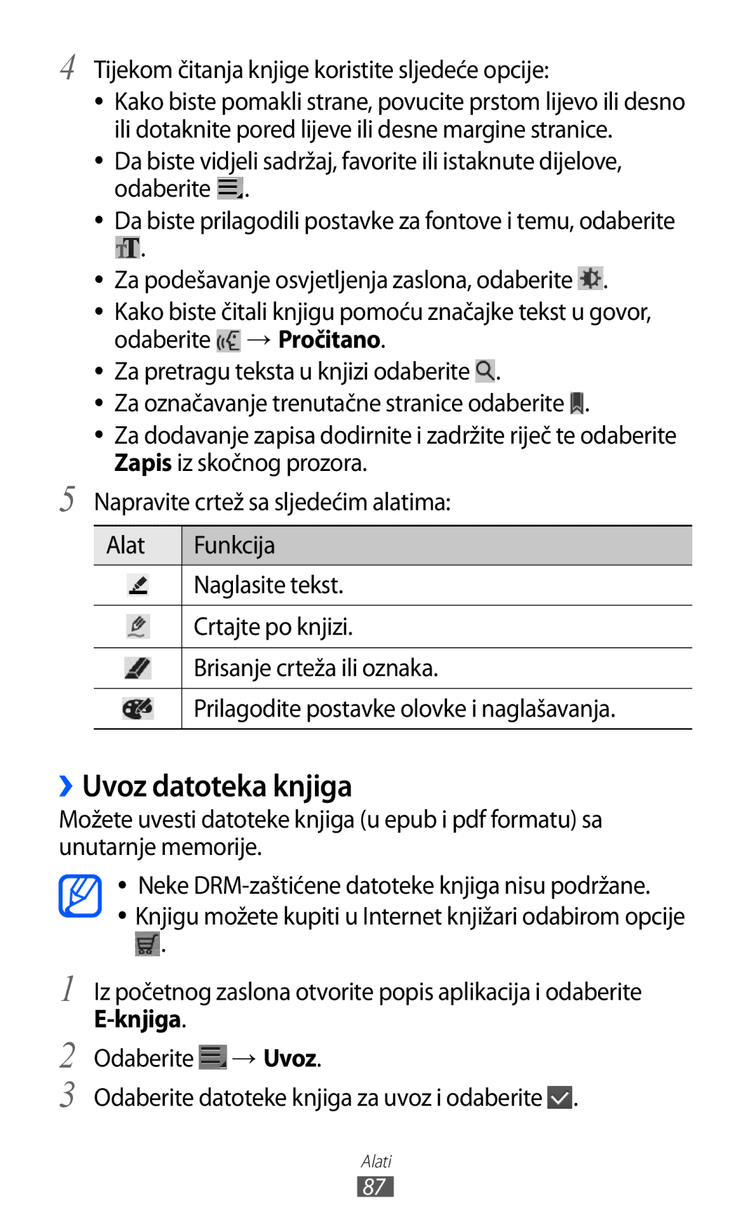 Samsung GT-P7500FKDTWO, GT-P7500UWDVIP ››Uvoz datoteka knjiga, Tijekom čitanja knjige koristite sljedeće opcije, Knjiga 