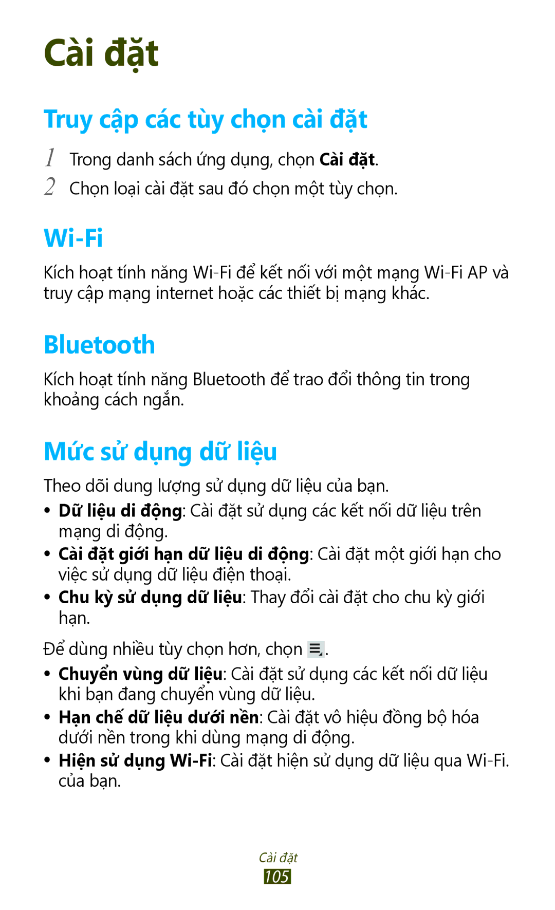 Samsung GT-P7500FKDXEV, GT-P7500UWDXEV, GT-P7500ZWDXEV, GT-P7500UWDXXV Truy cập các tùy chọn cài đặt, Mưc sư dụng dữ liệu 