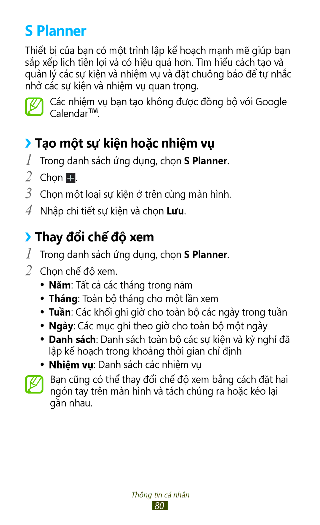 Samsung GT-P7500UWDXXV, GT-P7500UWDXEV, GT-P7500ZWDXEV manual Planner, ››Tạo một sự kiện hoặc nhiệm vụ, ››Thay đổi chế độ xem 