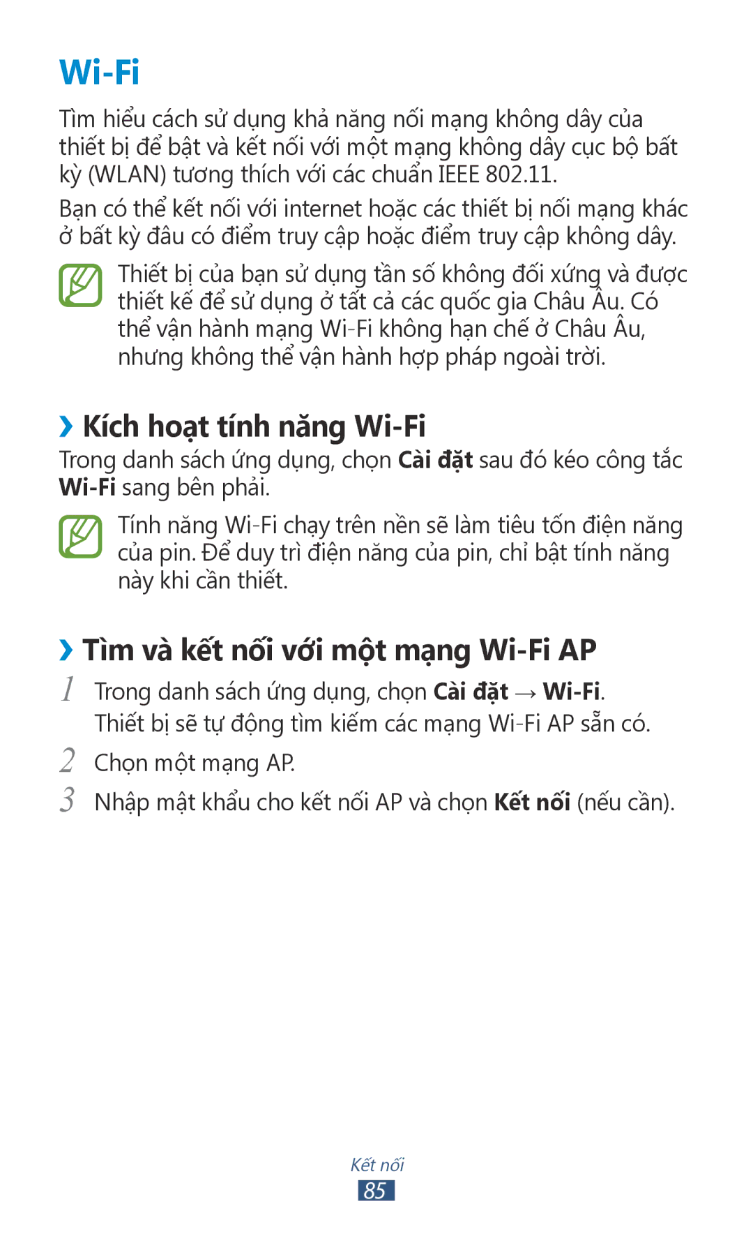 Samsung GT-P7500ZWDXEV, GT-P7500UWDXEV manual ››Kích hoạt tính năng Wi-Fi, ››Tì̀m và kết nối với một mạng Wi-Fi AP 