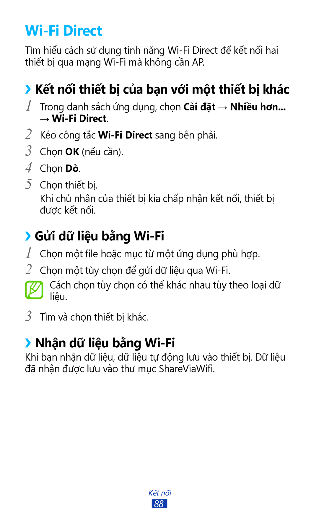 Samsung GT-P7500FKDXXV manual Wi-Fi Direct, ››Kết nối thiết bị của bạn với một thiết bị khác, ››Gửi dữ liệu bằng Wi-Fi 