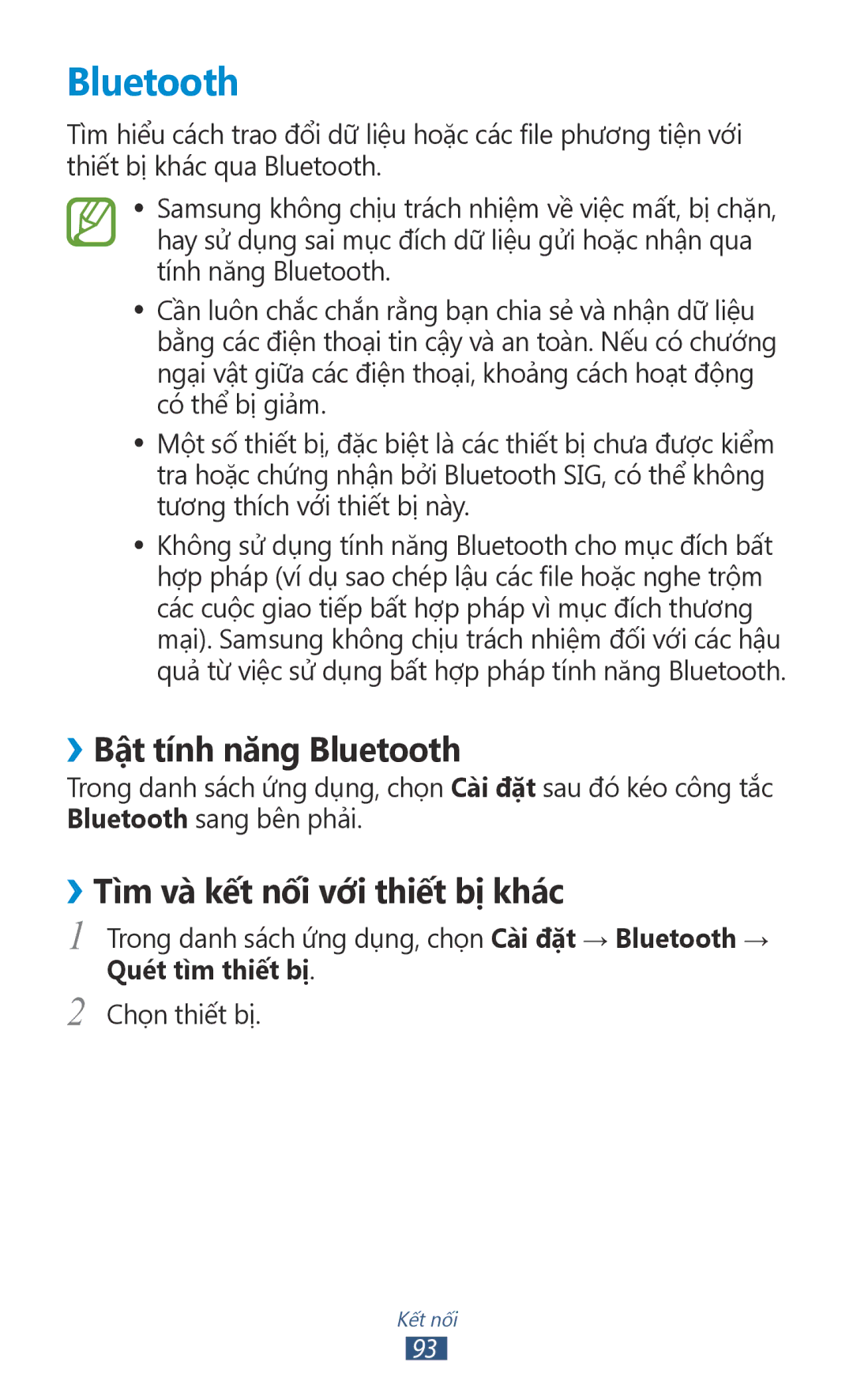 Samsung GT-P7500FKDXEV manual ››Bật tính năng Bluetooth, ››Tì̀m và kết nối với thiết bị khác, Quet tì̀m thiết bị 