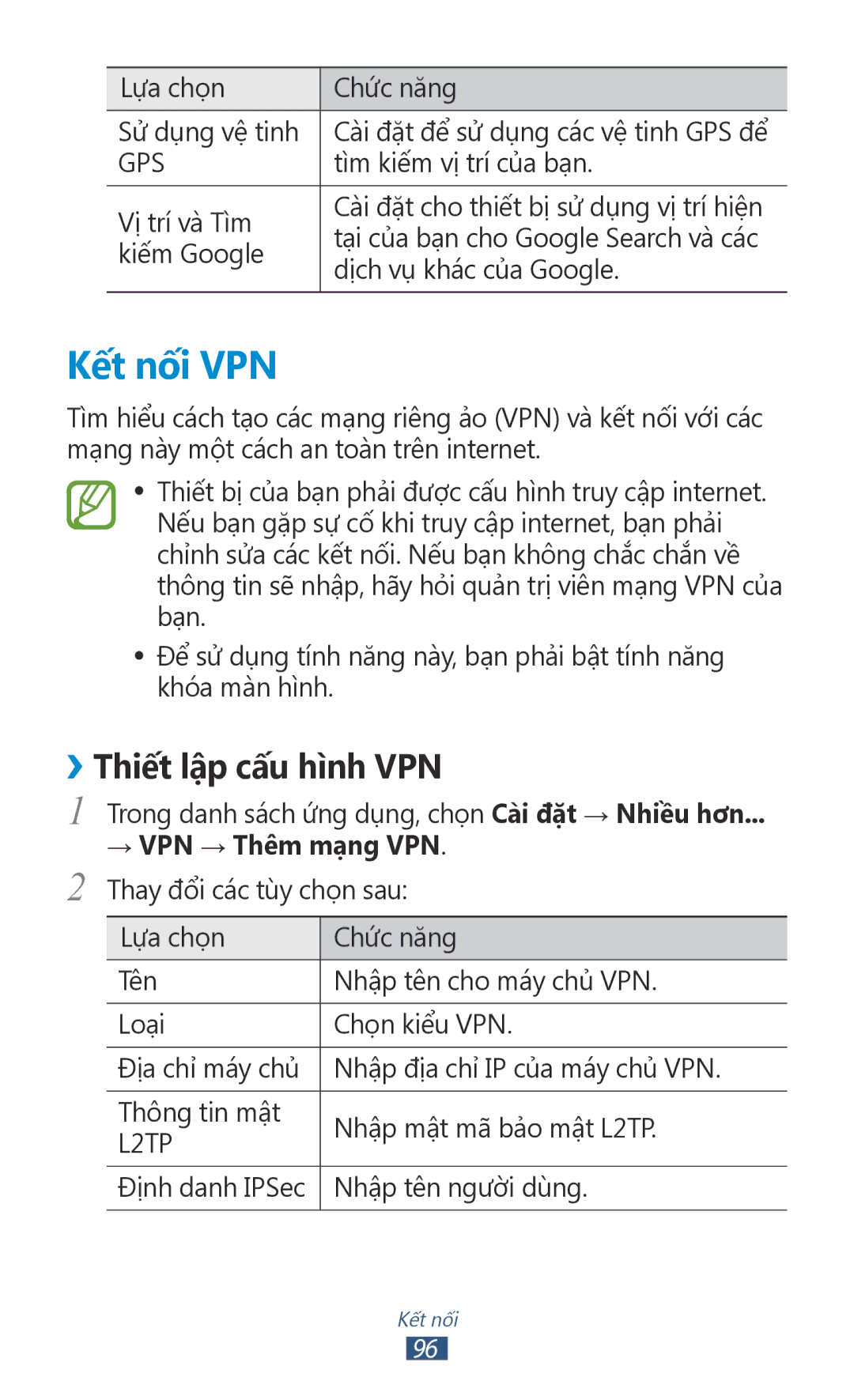 Samsung GT-P7500UWDXEV, GT-P7500ZWDXEV, GT-P7500UWDXXV manual Kết nối VPN, ››Thiết lập cấu hì̀nh VPN, → VPN → Thêm mang VPN 