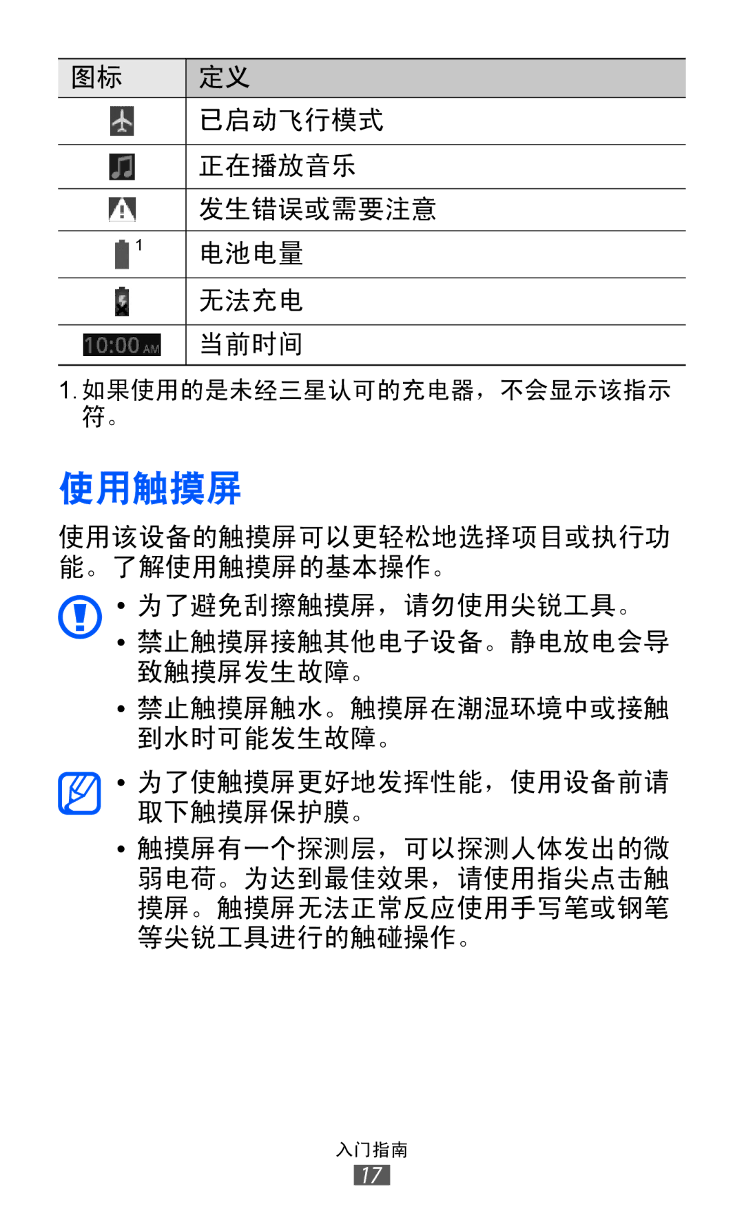 Samsung GT-P7500UWDXEV, GT-P7500ZWDXEV, GT-P7500UWDXXV, GT-P7500FKDXEV, GT-P7500FKDXXV, GT-P7500ZWDXXV manual 使用触摸屏 