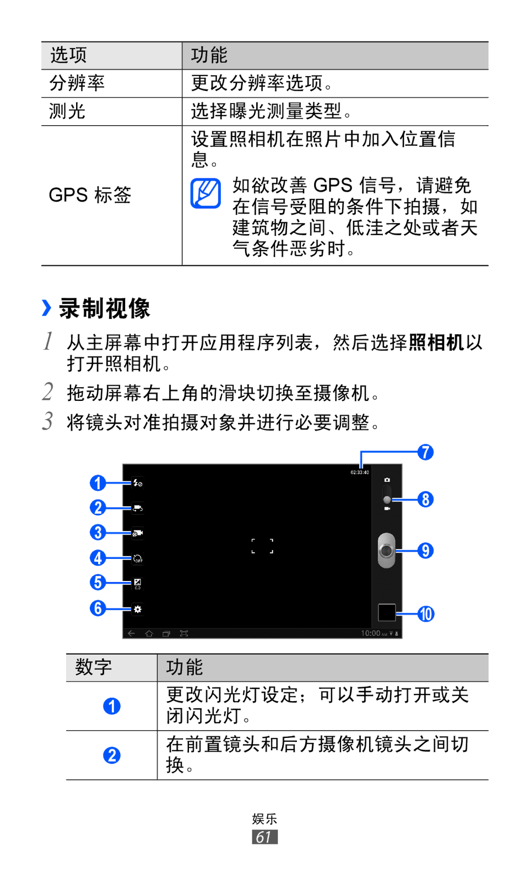 Samsung GT-P7500UWDXXV, GT-P7500UWDXEV, GT-P7500ZWDXEV, GT-P7500FKDXEV, GT-P7500FKDXXV, GT-P7500ZWDXXV manual ››录制视像 