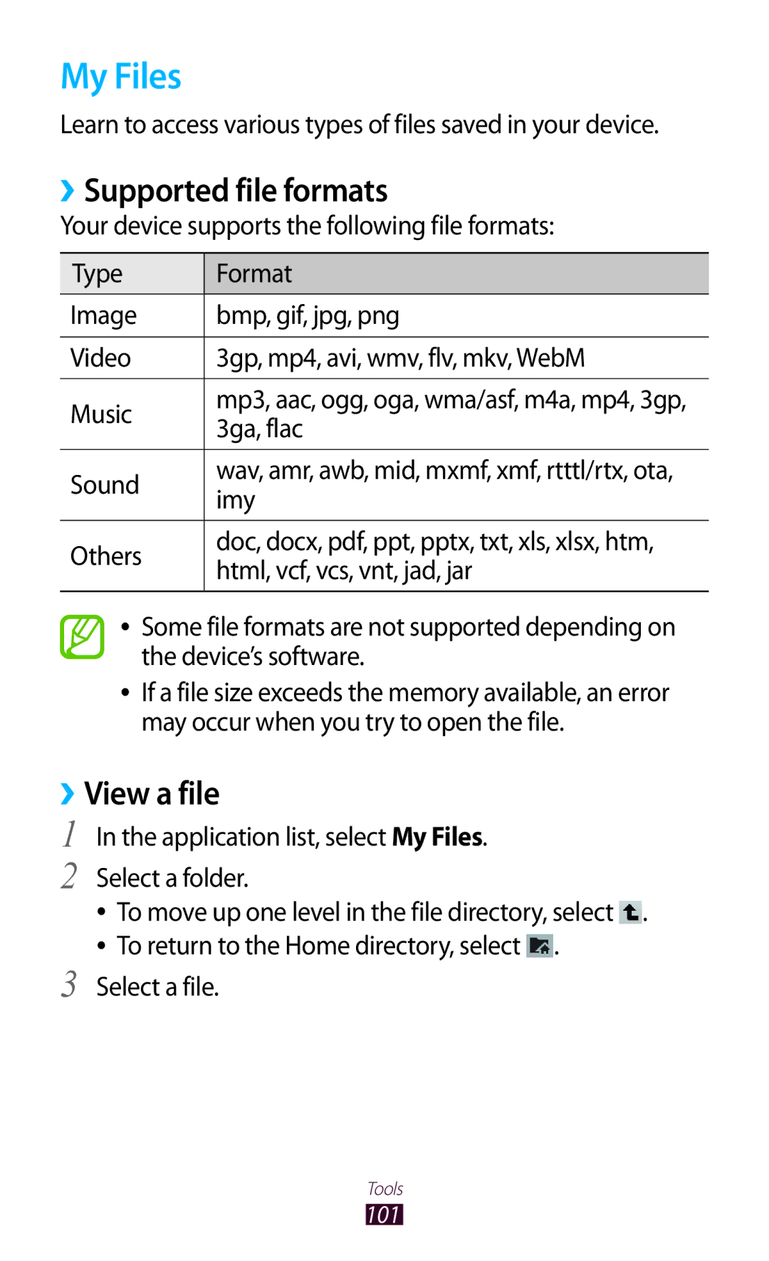 Samsung GT-P7500UWDXEV, GT-P7500UWEDBT, GT-P7500FKAATO, GT-P7500FKDVD2 My Files, ››Supported file formats, ››View a file 