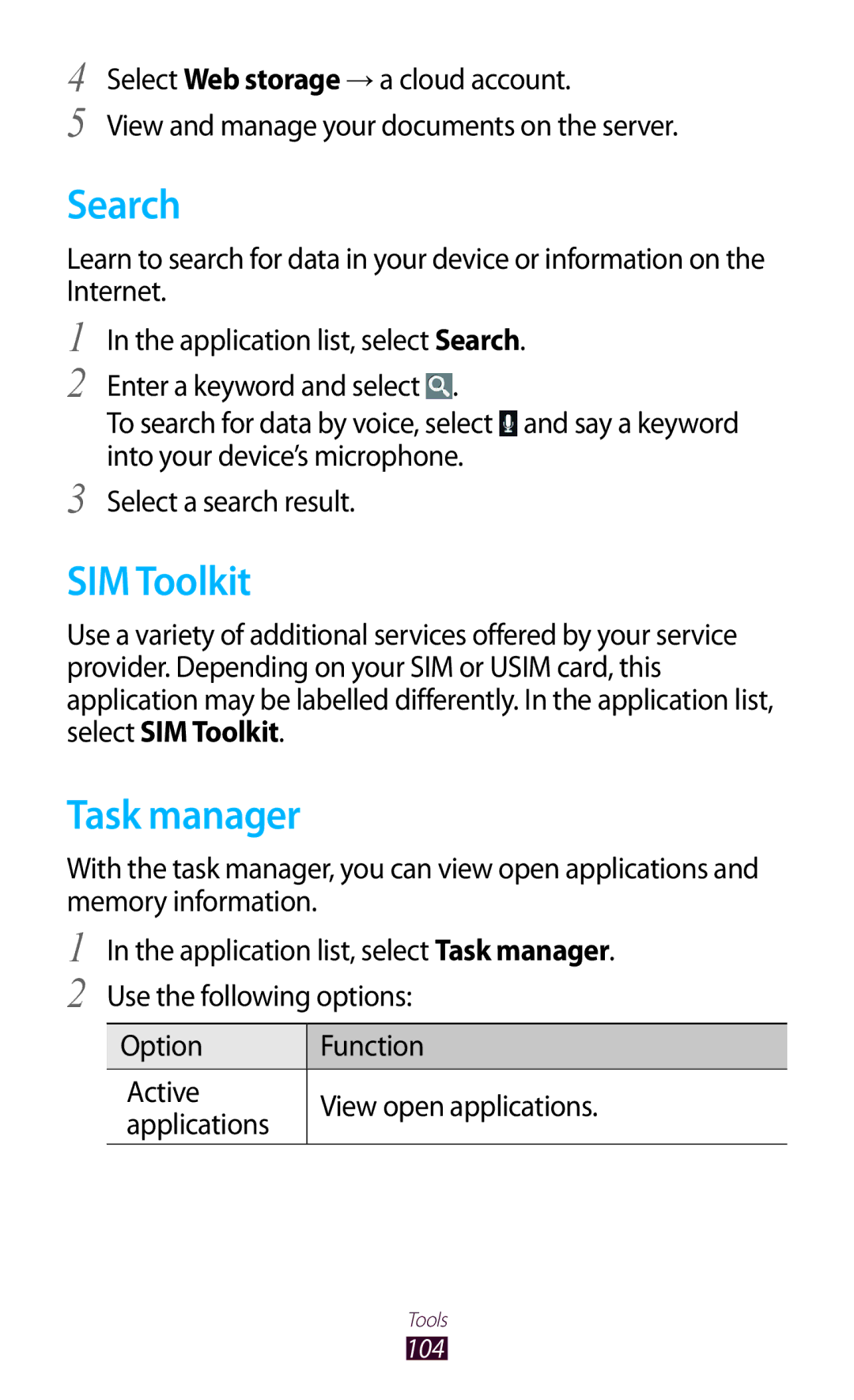 Samsung GT-P7500FKDXEV, GT-P7500UWEDBT, GT-P7500FKAATO, GT-P7500FKDVD2, GT-P7500ZWAATO manual Search, SIM Toolkit, Task manager 