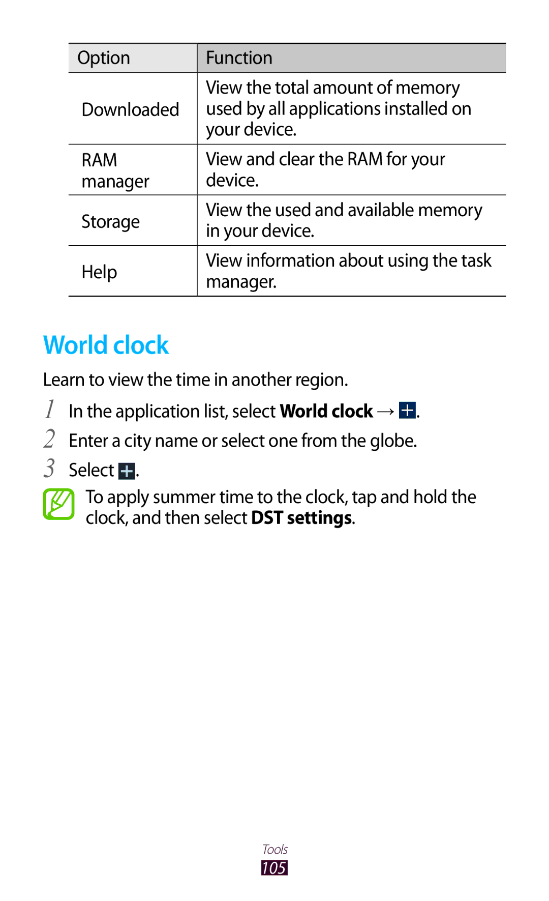 Samsung GT-P7500FKDXXV, GT-P7500UWEDBT, GT-P7500FKAATO, GT-P7500FKDVD2 World clock, View and clear the RAM for your, Manager 