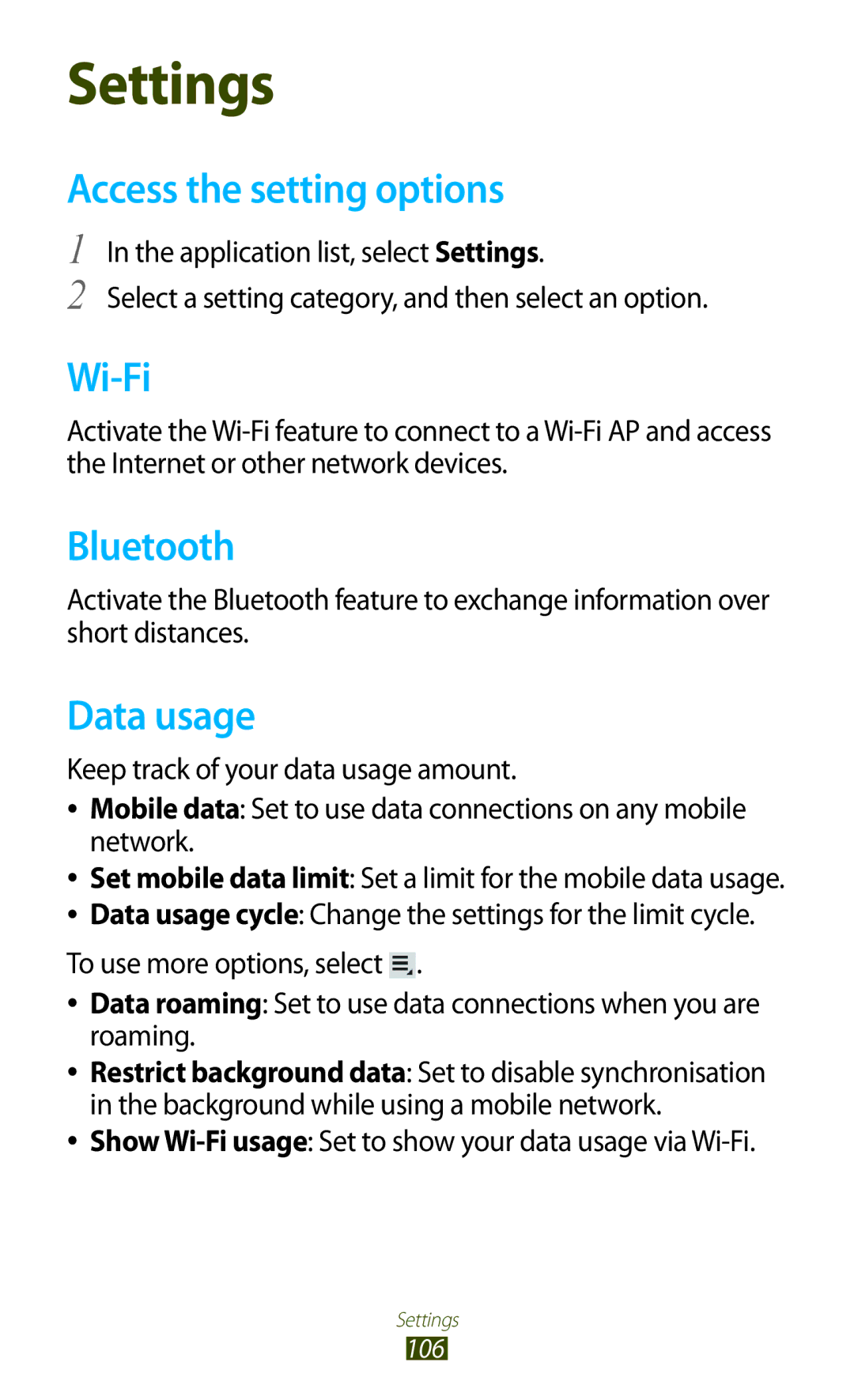 Samsung GT-P7500ZWDXXV, GT-P7500UWEDBT, GT-P7500FKAATO, GT-P7500FKDVD2, GT-P7500ZWAATO Access the setting options, Data usage 