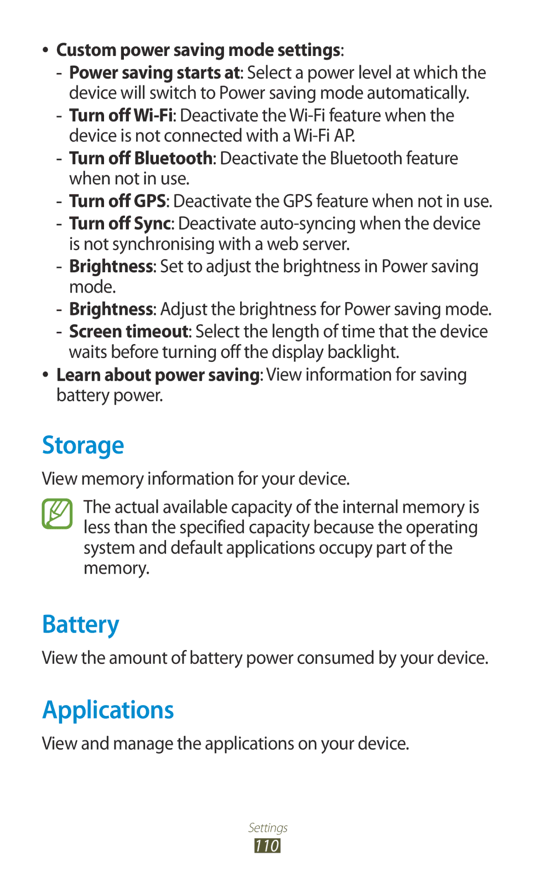 Samsung GT-P7500UWDMTL, GT-P7500UWEDBT, GT-P7500FKAATO Storage, Battery, Applications, Custom power saving mode settings 