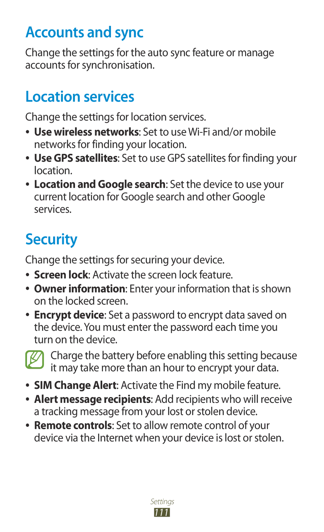 Samsung GT-P7500FKAMTL manual Accounts and sync, Location services, Security, Change the settings for location services 