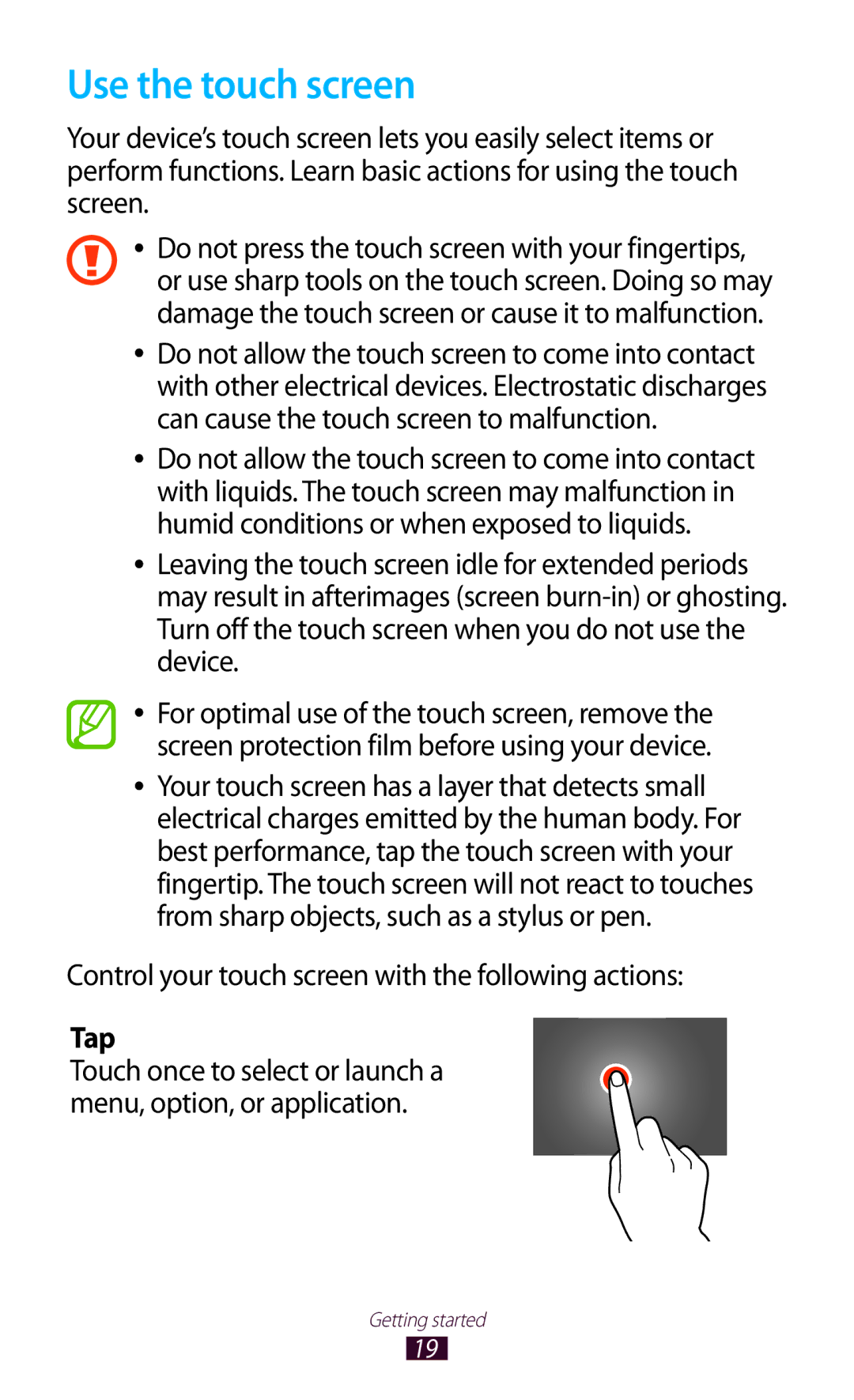 Samsung GT-P7500UWADBT, GT-P7500UWEDBT Use the touch screen, Control your touch screen with the following actions, Tap 