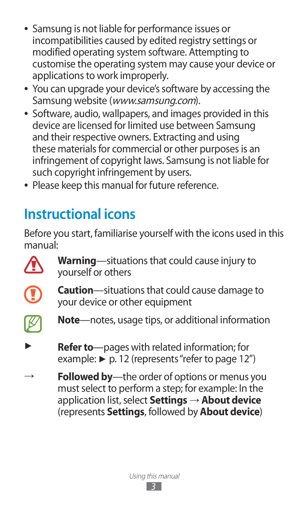 Samsung GT-P7500ZWAATO, GT-P7500UWEDBT, GT-P7500FKAATO Instructional icons, Please keep this manual for future reference 