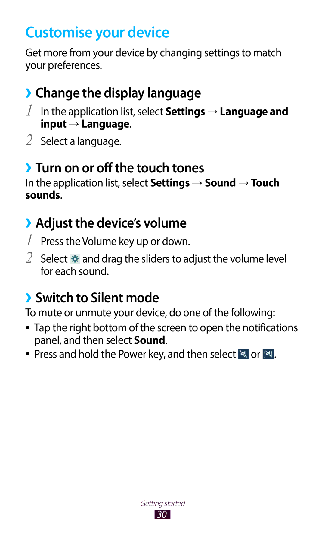 Samsung GT-P7500UWDXEF manual Customise your device, ››Change the display language, ››Turn on or off the touch tones 