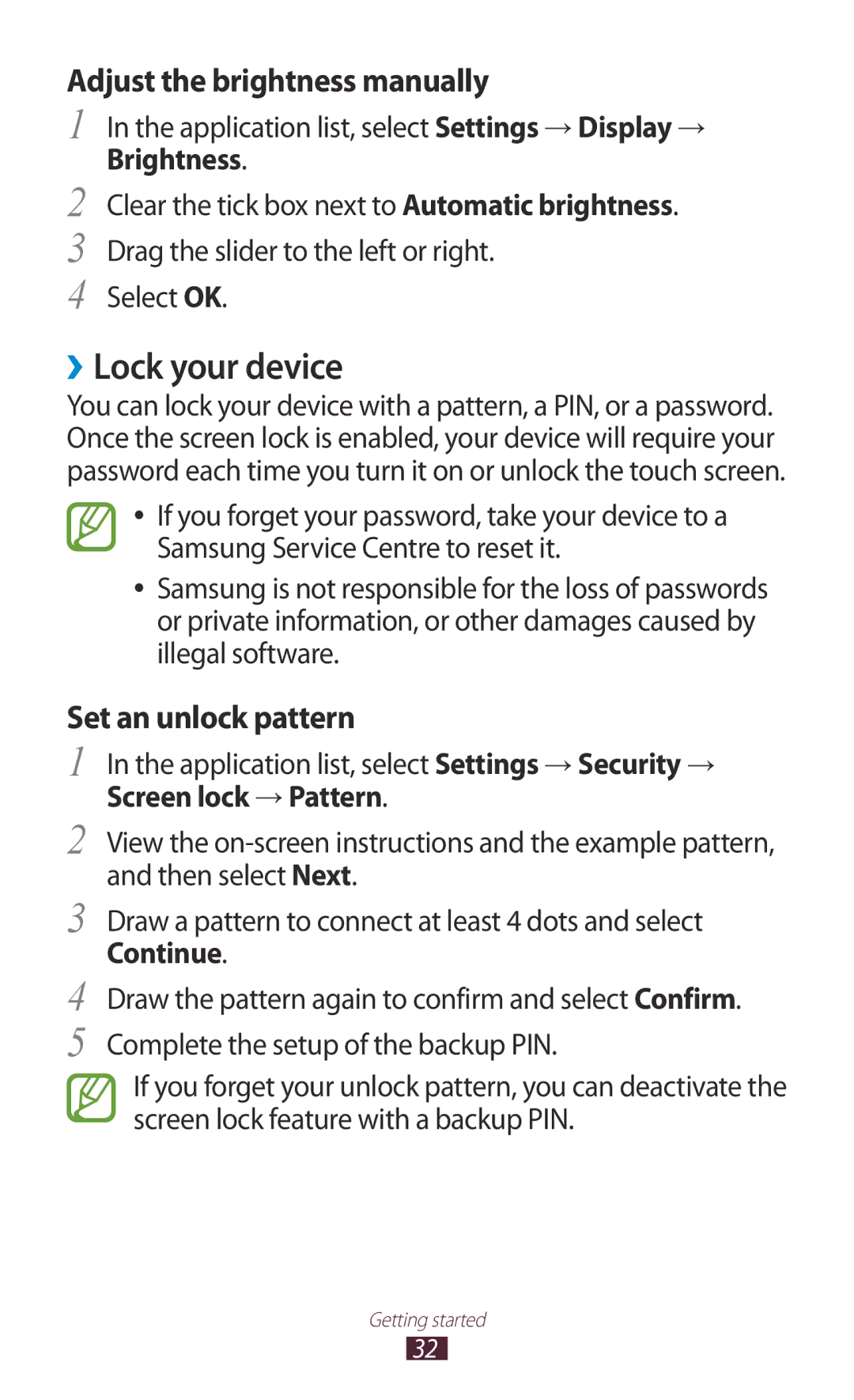 Samsung GT-P7500UWDHUI manual ››Lock your device, Application list, select Settings → Security →, Screen lock → Pattern 