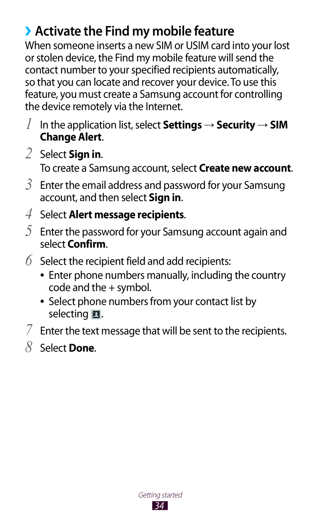 Samsung GT-P7500UWDWIN manual ››Activate the Find my mobile feature, Application list, select Settings → Security → SIM 