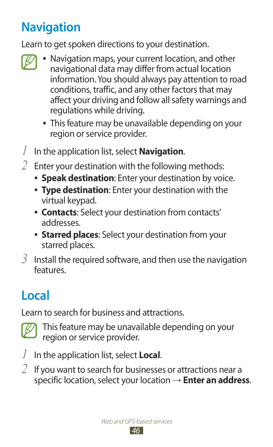 Samsung GT-P7500UWDXEC, GT-P7500UWEDBT manual Navigation, Local, Learn to get spoken directions to your destination 