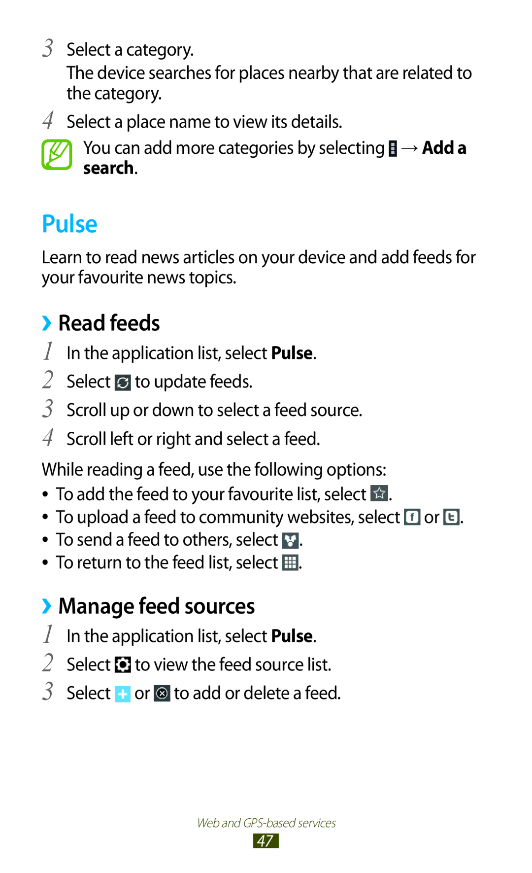 Samsung GT-P7500UWDFOP, GT-P7500UWEDBT, GT-P7500FKAATO, GT-P7500FKDVD2 manual Pulse, ››Read feeds, ››Manage feed sources 