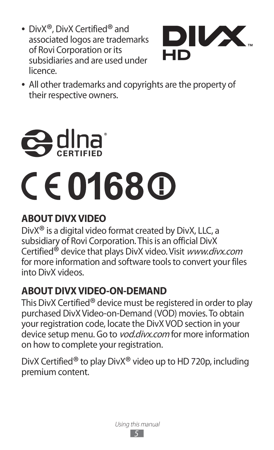 Samsung GT-P7500UWDDBT, GT-P7500UWEDBT, GT-P7500FKAATO, GT-P7500FKDVD2 manual About Divx Video About Divx VIDEO-ON-DEMAND 