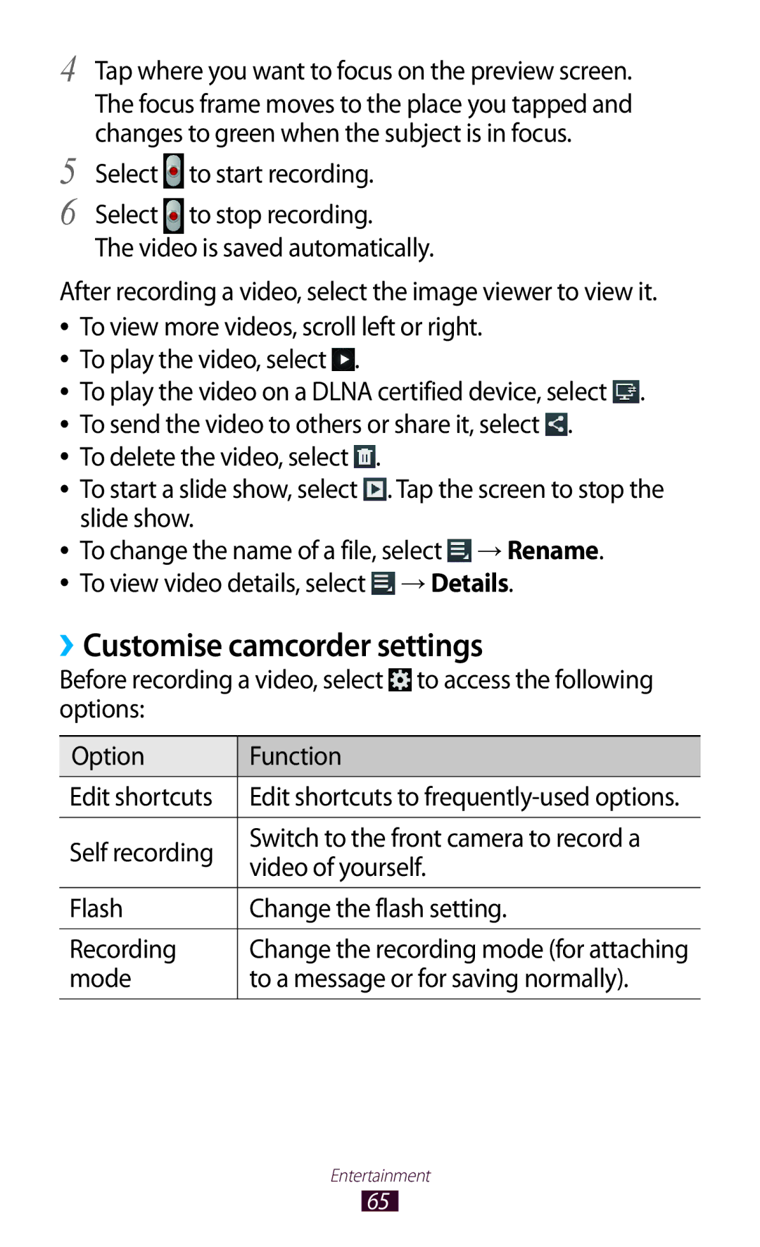 Samsung GT-P7500UWDAFR, GT-P7500UWEDBT manual ››Customise camcorder settings, To delete the video, select, → Details 