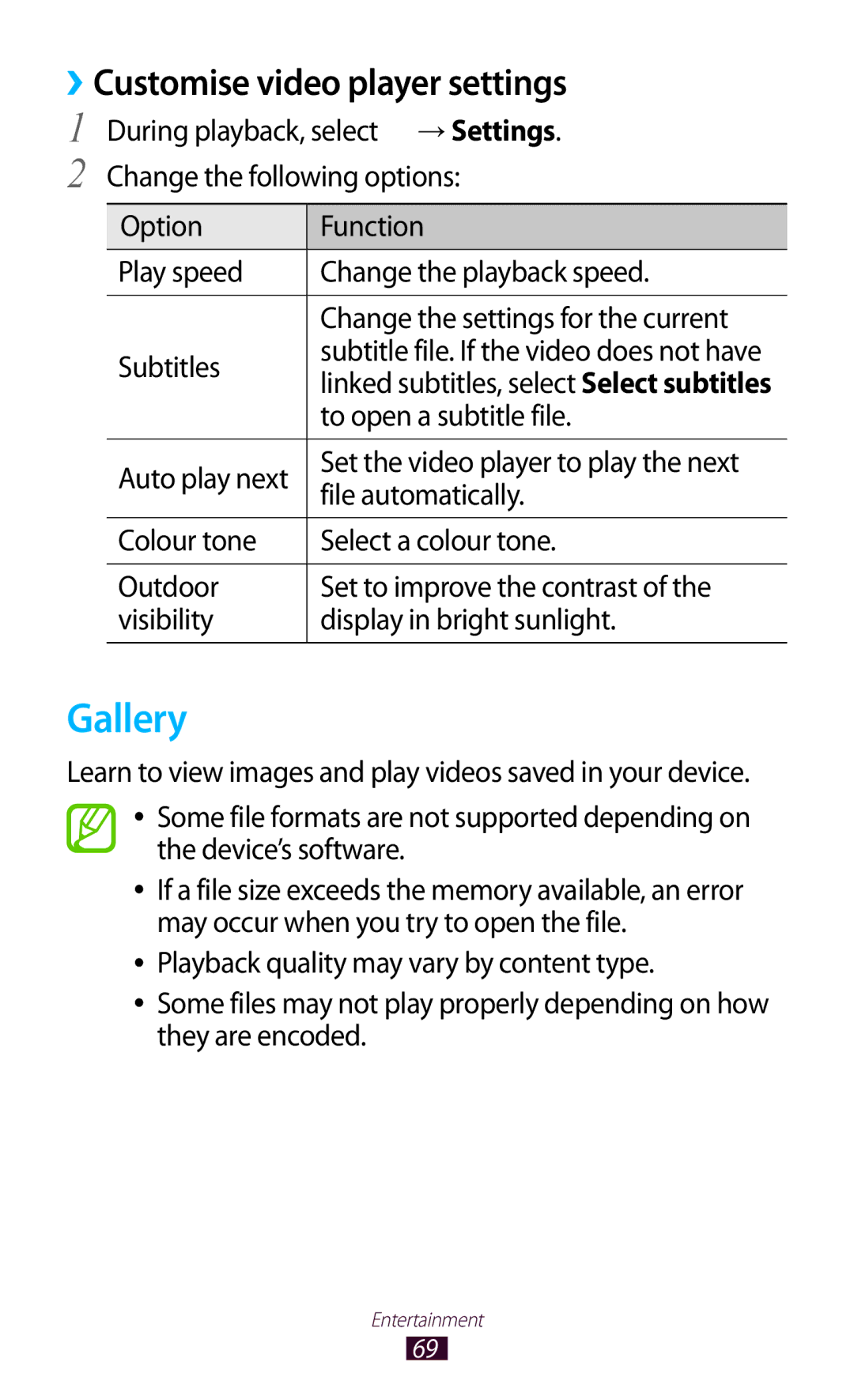 Samsung GT-P7500FKDHAJ, GT-P7500UWEDBT, GT-P7500FKAATO Gallery, ››Customise video player settings, To open a subtitle file 