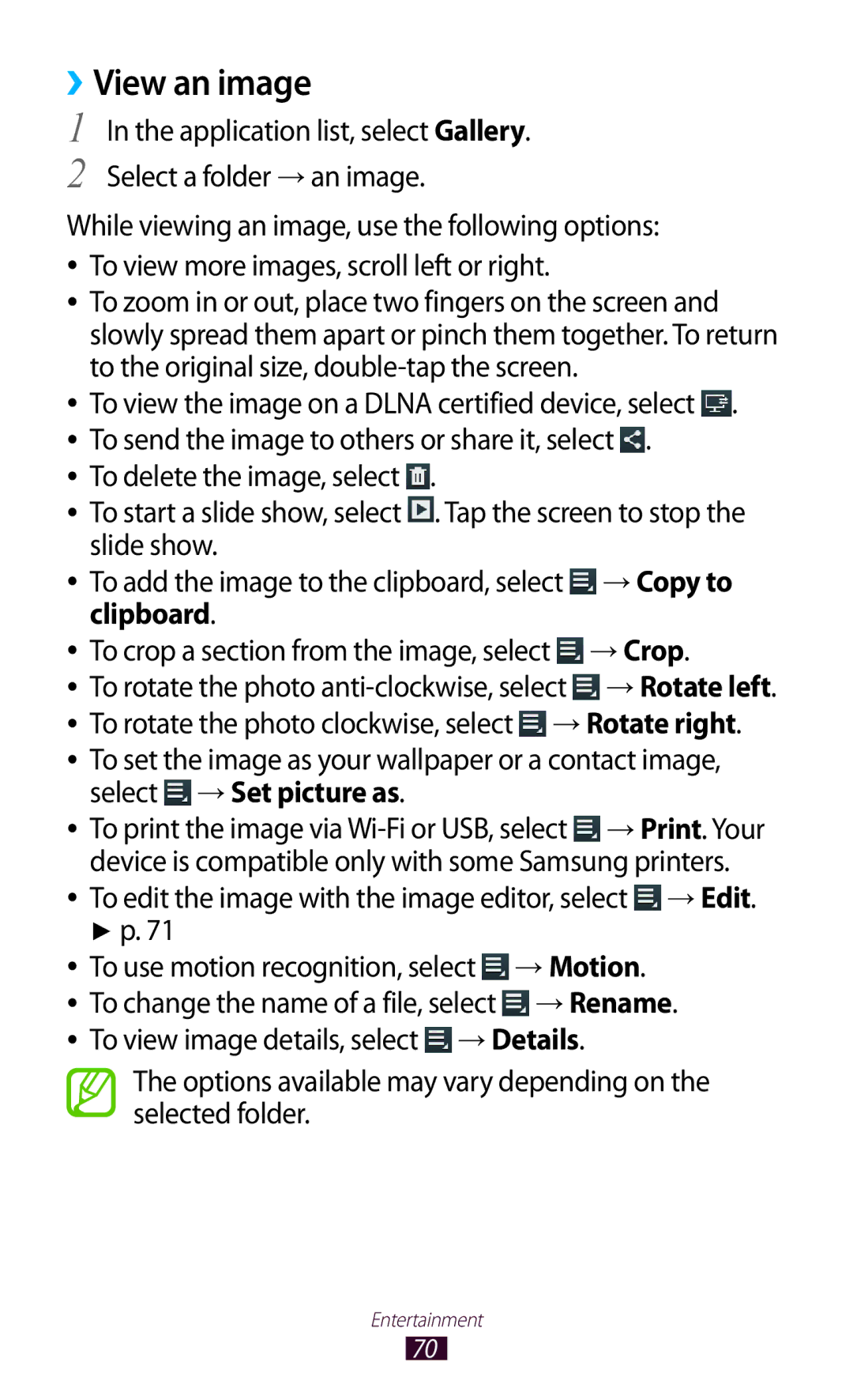 Samsung GT-P7500FKDTHR, GT-P7500UWEDBT manual ››View an image, Options available may vary depending on the selected folder 