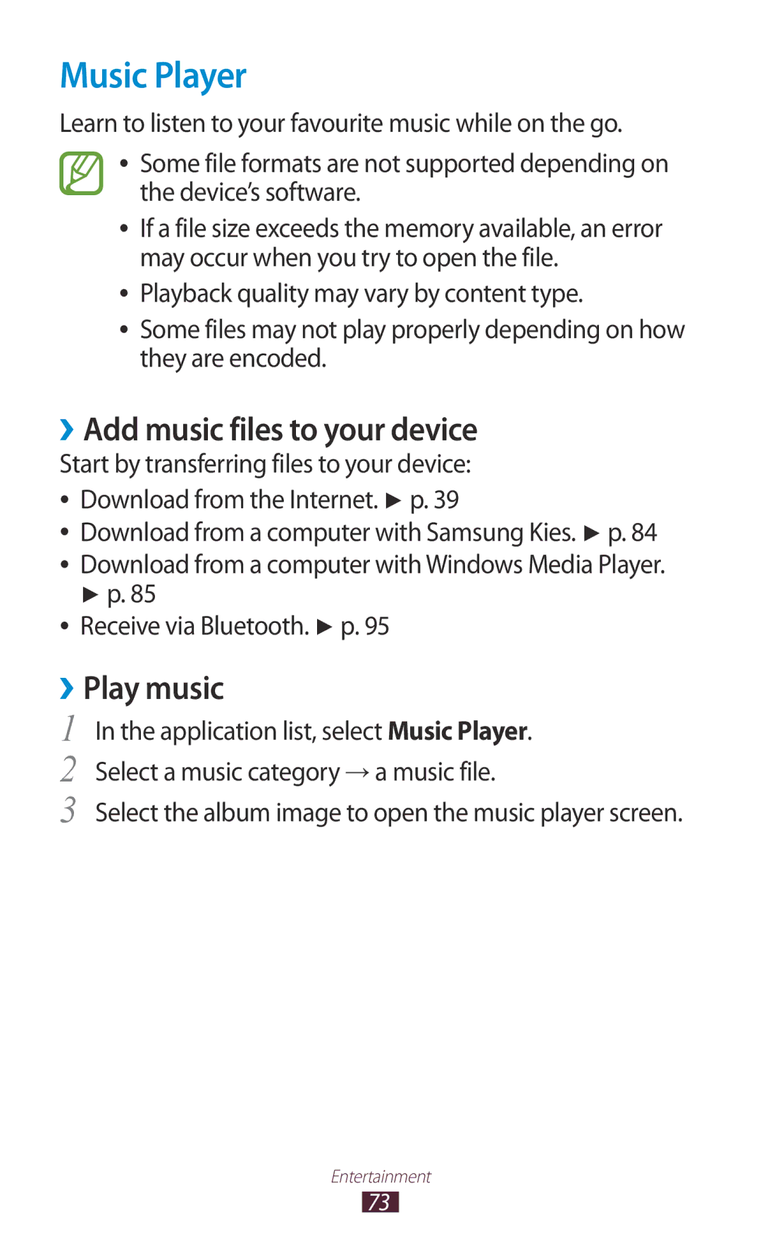 Samsung GT-P7500UWDBTC manual Music Player, ››Add music files to your device, ››Play music, Receive via Bluetooth. p 