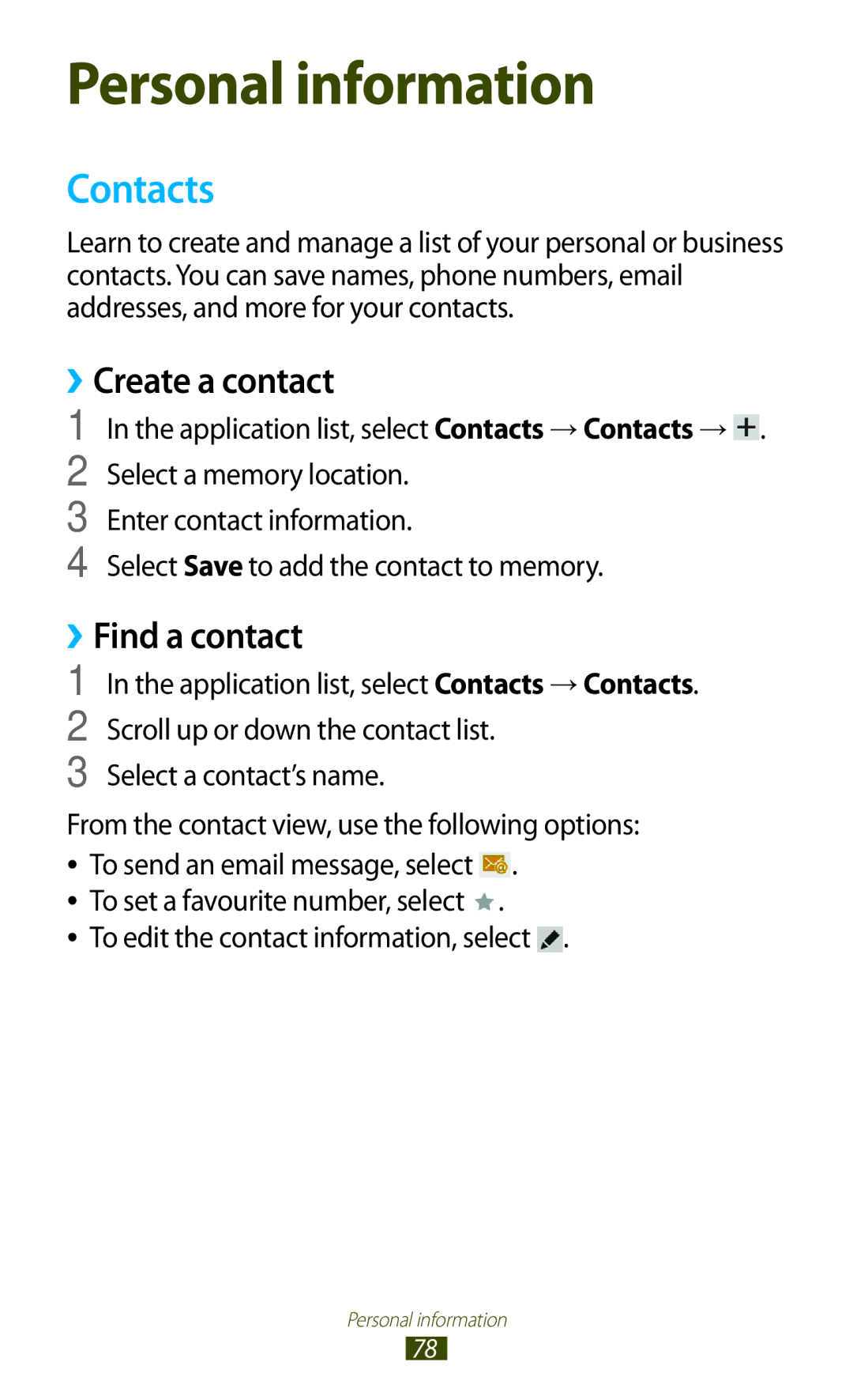 Samsung GT-P7500UWDMID manual Contacts, ››Create a contact, ››Find a contact, To edit the contact information, select 