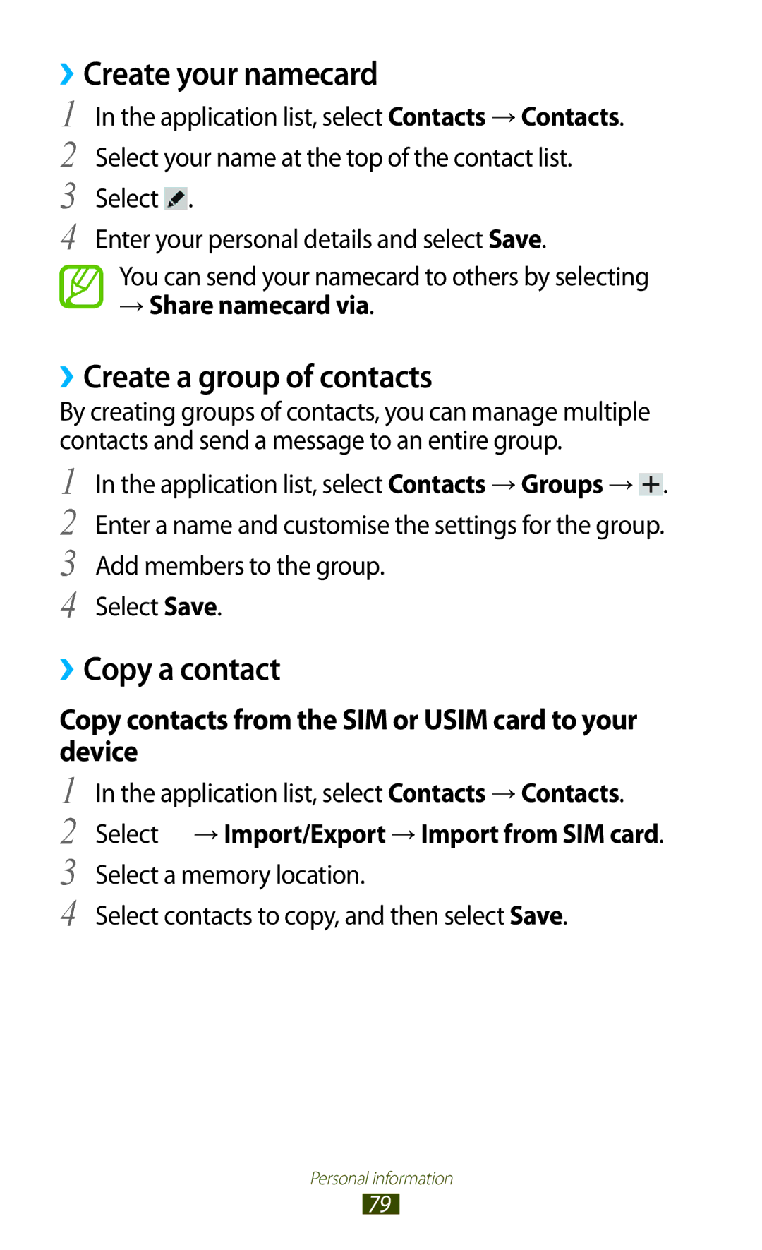 Samsung GT-P7500ZWDAFR manual ››Create your namecard, ››Create a group of contacts, ››Copy a contact, → Share namecard via 