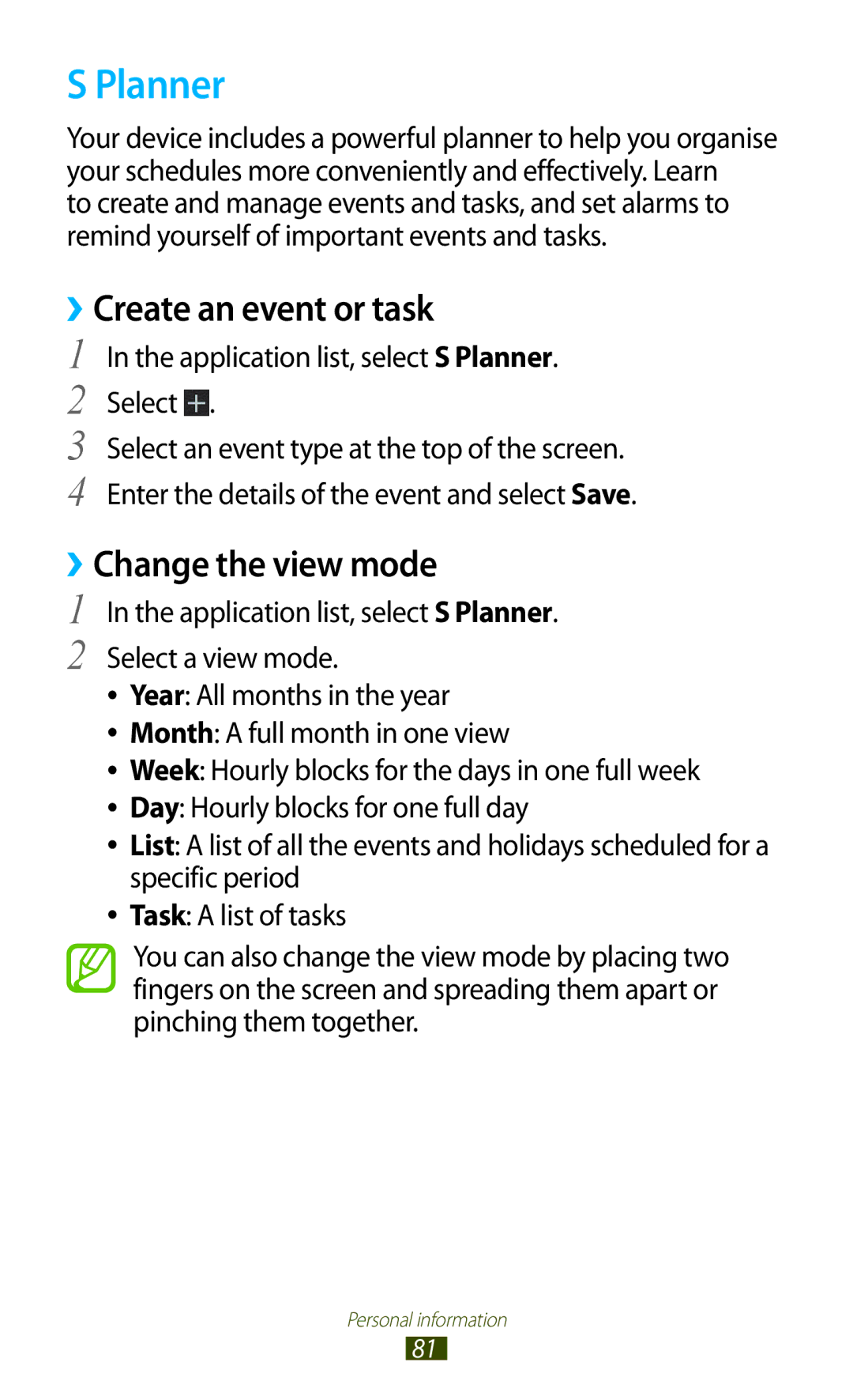 Samsung GT-P7500FKEJED, GT-P7500UWEDBT, GT-P7500FKAATO manual Planner, ››Create an event or task, ››Change the view mode 