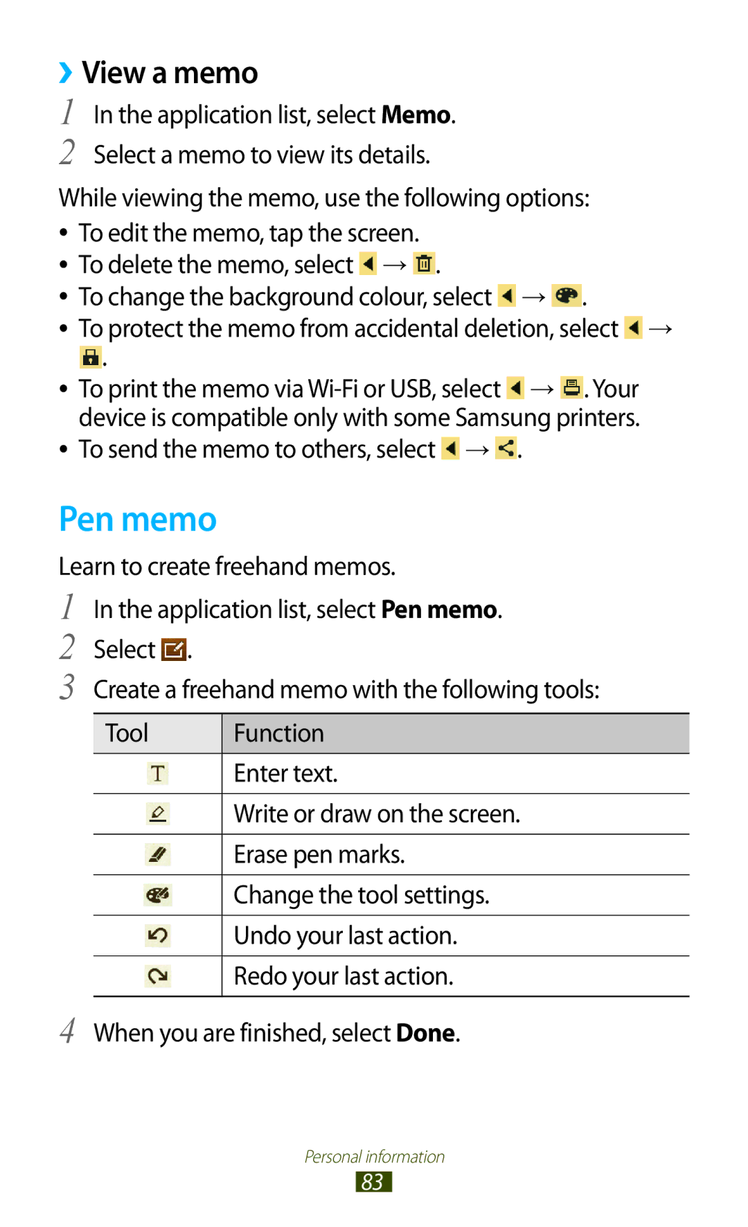 Samsung GT-P7500UWAKSA, GT-P7500UWEDBT, GT-P7500FKAATO manual Pen memo, ››View a memo, To send the memo to others, select → 