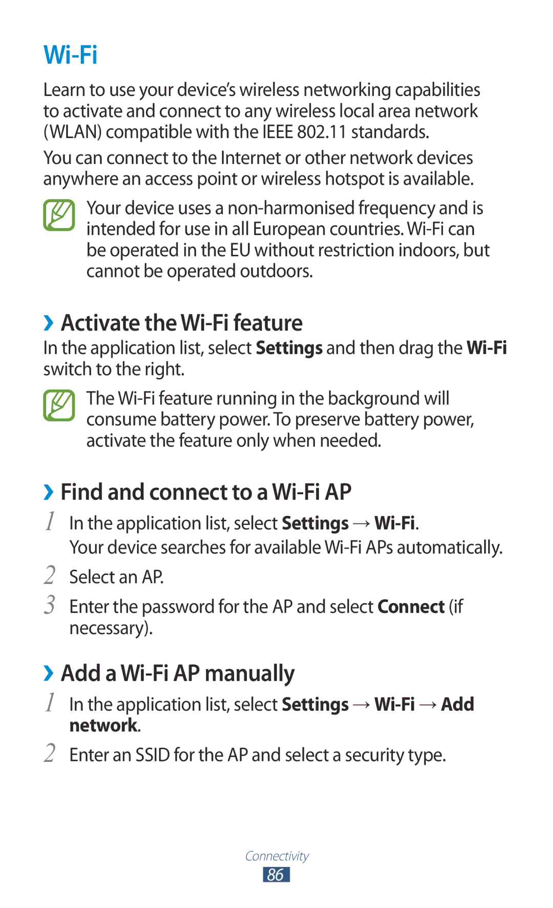 Samsung GT-P7500FKDMID ››Activate the Wi-Fi feature, ››Find and connect to a Wi-Fi AP, ››Add a Wi-Fi AP manually 