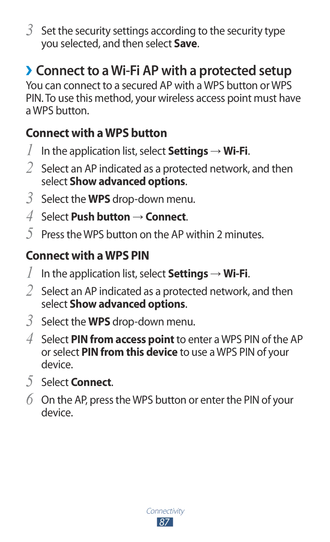 Samsung GT-P7500FKDJED, GT-P7500UWEDBT manual Select Push button → Connect, Press the WPS button on the AP within 2 minutes 