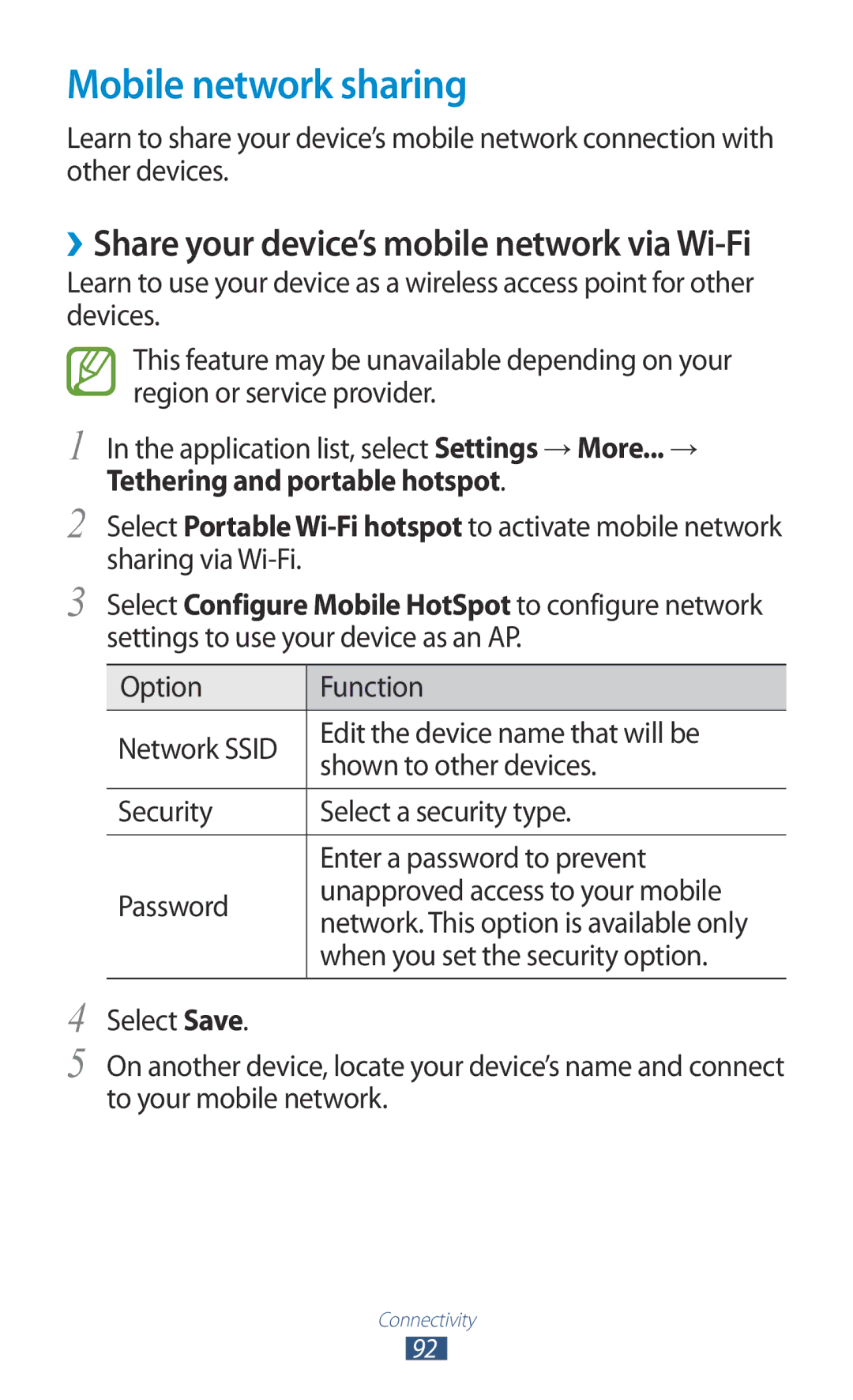 Samsung GT-P7500UWDHAJ, GT-P7500UWEDBT, GT-P7500FKAATO manual Mobile network sharing, Tethering and portable hotspot 