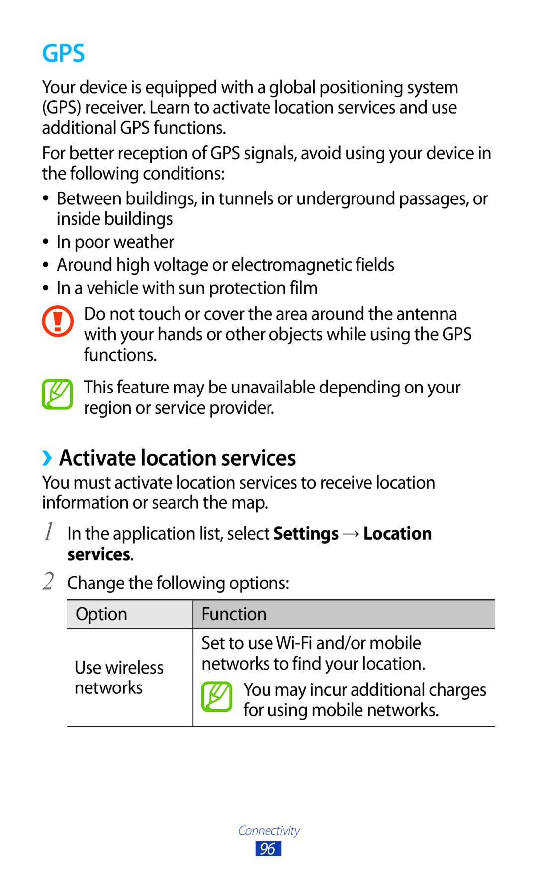 Samsung GT-P7500FKDPAK, GT-P7500UWEDBT, GT-P7500FKAATO manual ››Activate location services, For using mobile networks 