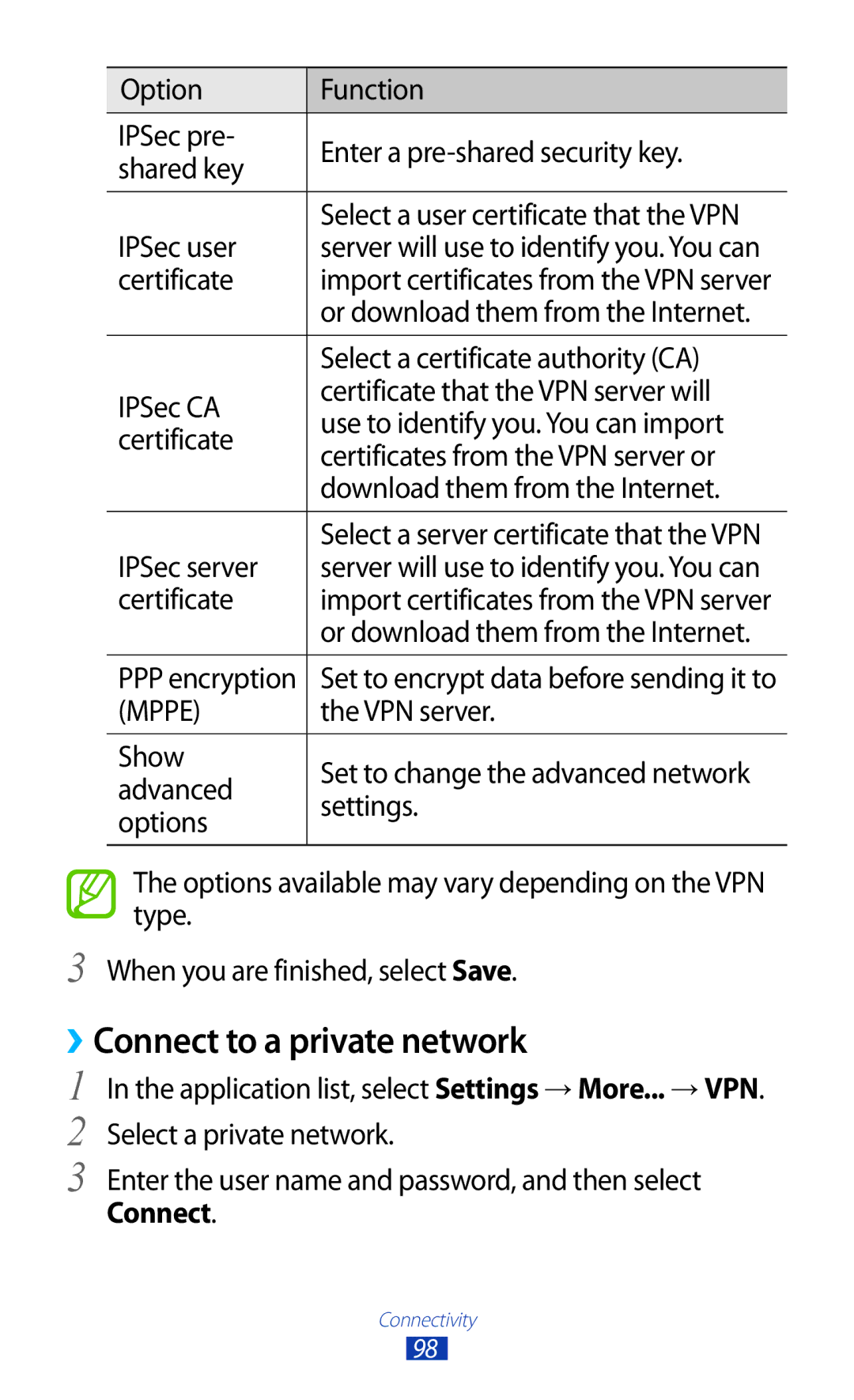 Samsung GT-P7500UWDKSA, GT-P7500UWEDBT, GT-P7500FKAATO, GT-P7500FKDVD2, GT-P7500ZWAATO manual ››Connect to a private network 