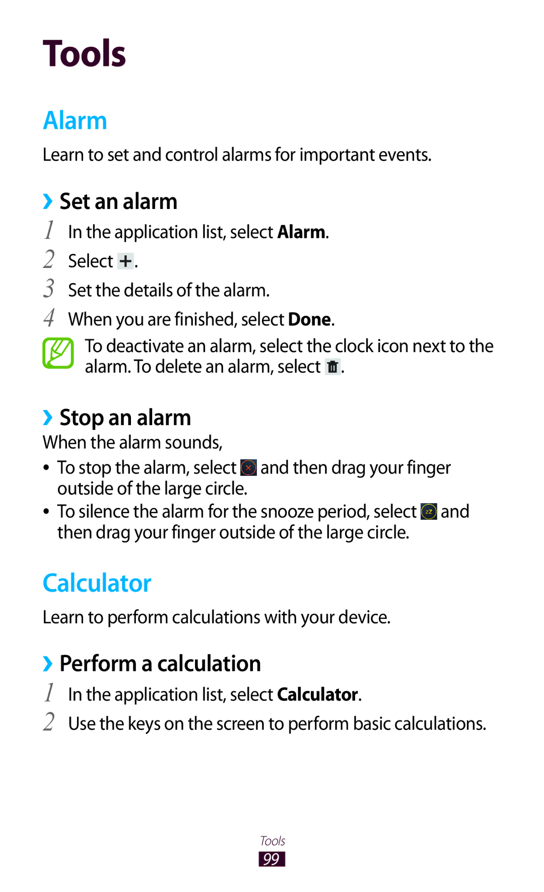 Samsung GT-P7500UWDTHR, GT-P7500UWEDBT manual Alarm, Calculator, ››Set an alarm, ››Stop an alarm, ››Perform a calculation 