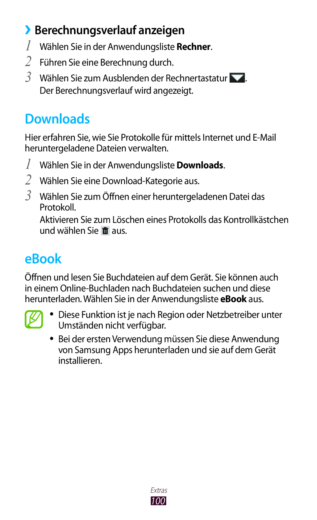 Samsung GT-P7500UWDXEO, GT-P7500UWEDBT, GT-P7500FKAATO, GT-P7500FKDVD2 Downloads, EBook, ››Berechnungsverlauf anzeigen, 100 