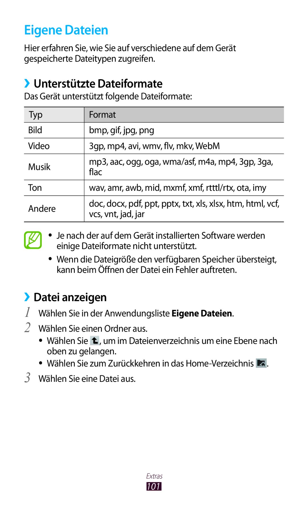 Samsung GT-P7500UWDVIA, GT-P7500UWEDBT, GT-P7500FKAATO Eigene Dateien, ››Unterstützte Dateiformate, Datei anzeigen, 101 