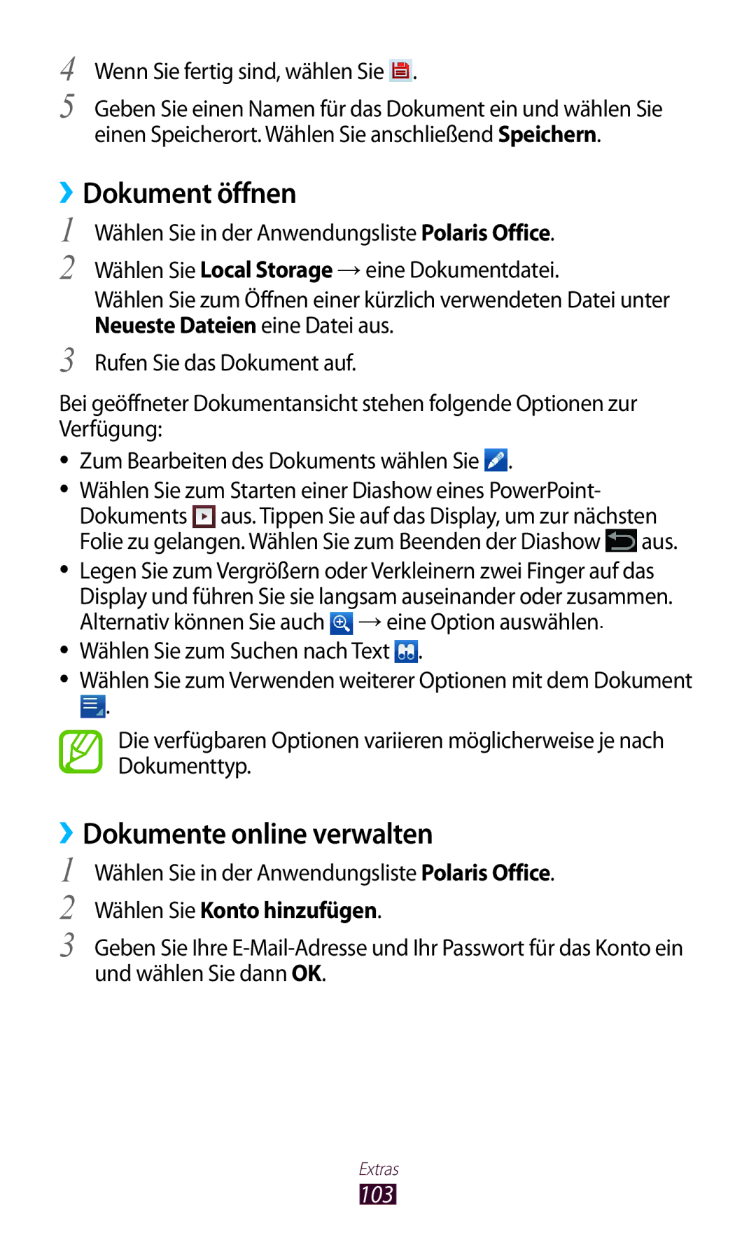 Samsung GT-P7500FKDEPL, GT-P7500UWEDBT ››Dokument öffnen, ››Dokumente online verwalten, 103, Wählen Sie Konto hinzufügen 