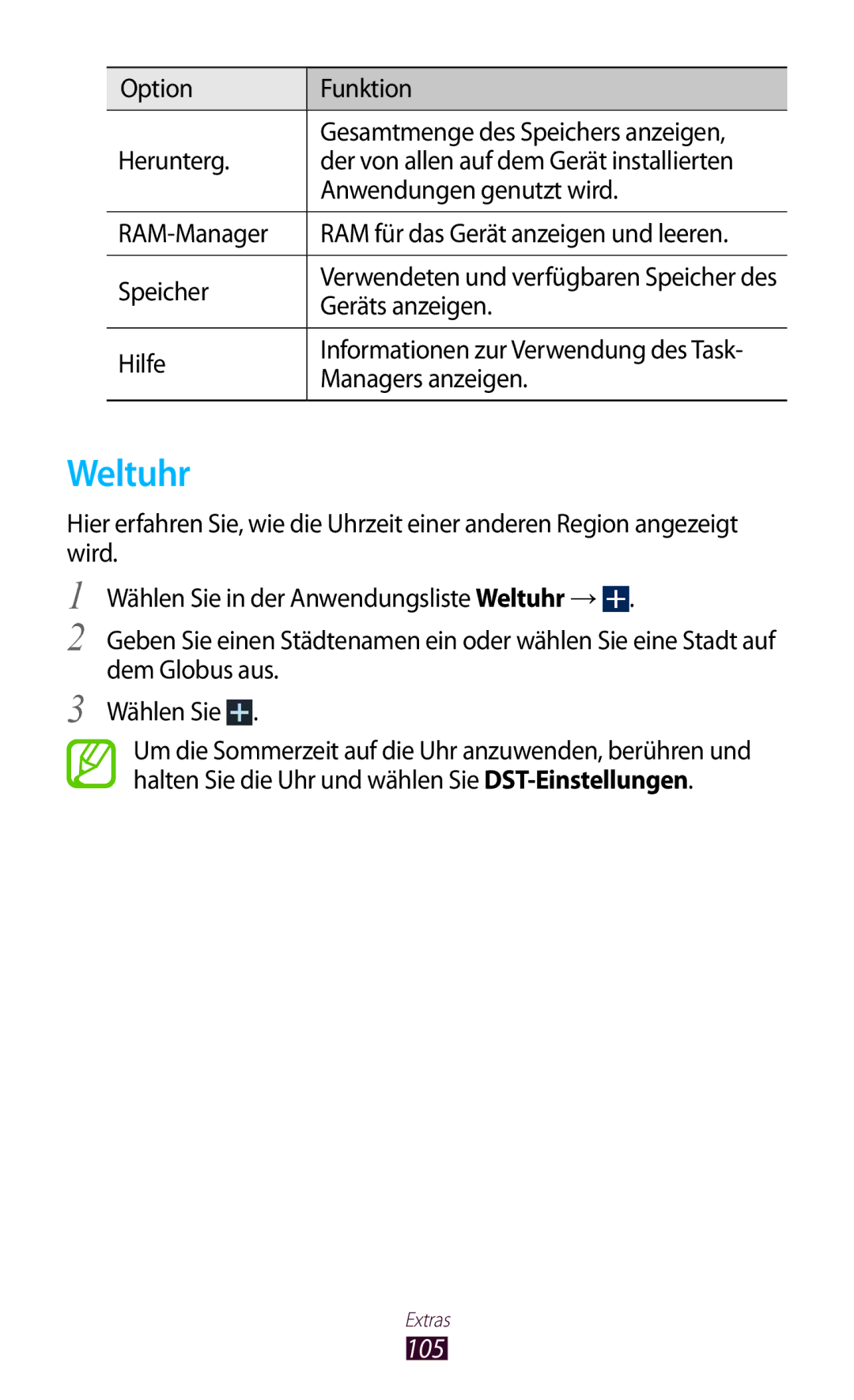 Samsung GT-P7500FKEDBT, GT-P7500UWEDBT, GT-P7500FKAATO manual Weltuhr, 105, Geräts anzeigen, Hilfe, Managers anzeigen 