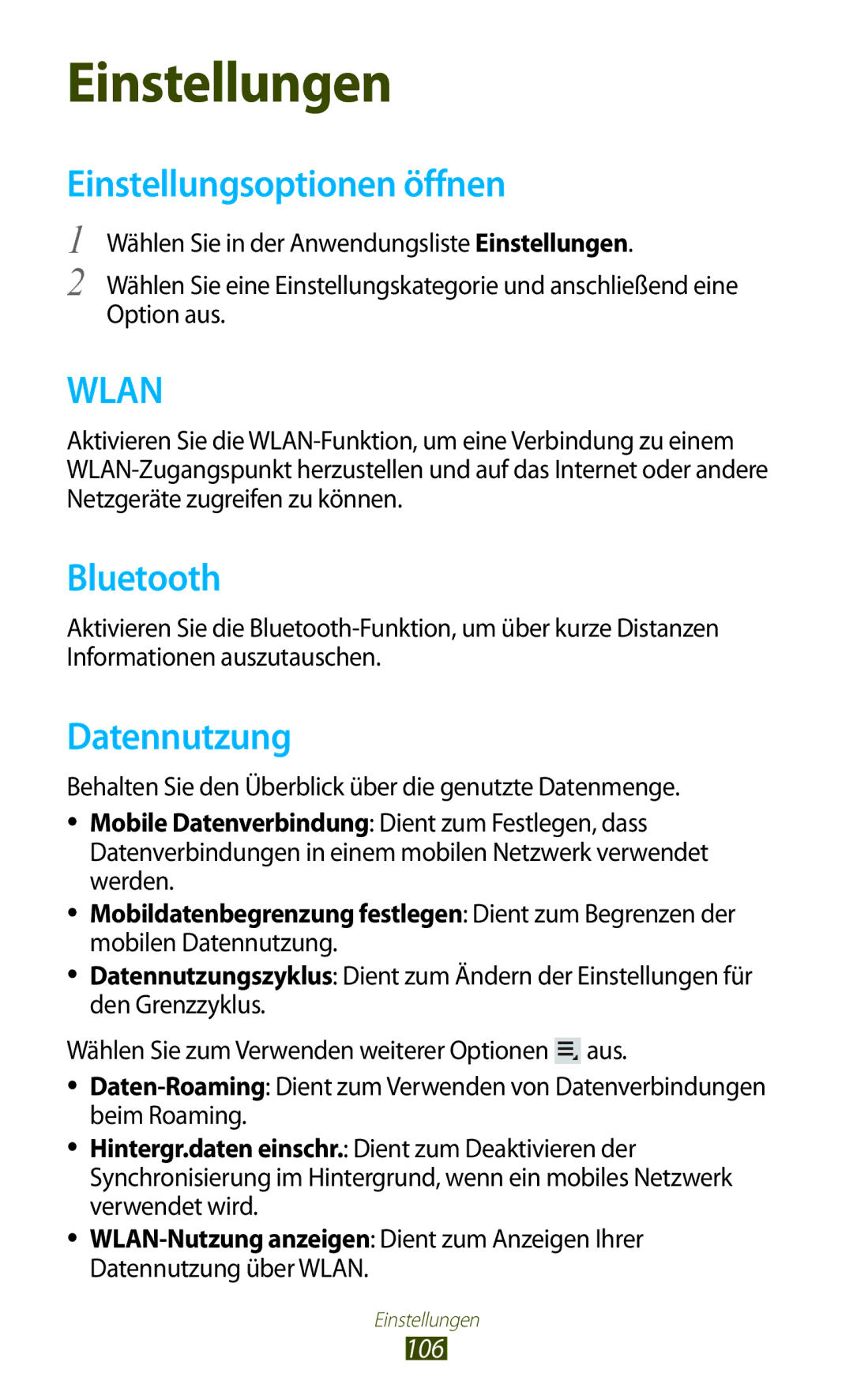 Samsung GT-P7500FKDATO, GT-P7500UWEDBT, GT-P7500FKAATO, GT-P7500FKDVD2 manual Einstellungsoptionen öffnen, Datennutzung, 106 