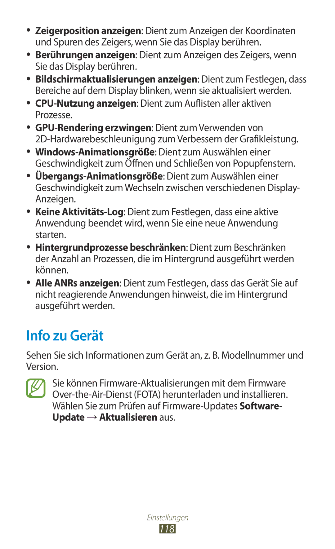 Samsung GT-P7500ZWAATO, GT-P7500UWEDBT, GT-P7500FKAATO, GT-P7500FKDVD2, GT-P7500UWDDRE, GT-P7500UWDDBT manual Info zu Gerät, 118 