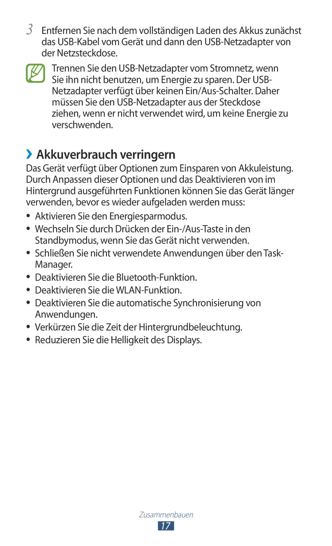 Samsung GT-P7500UWDEPL, GT-P7500UWEDBT, GT-P7500FKAATO manual ››Akkuverbrauch verringern, Aktivieren Sie den Energiesparmodus 