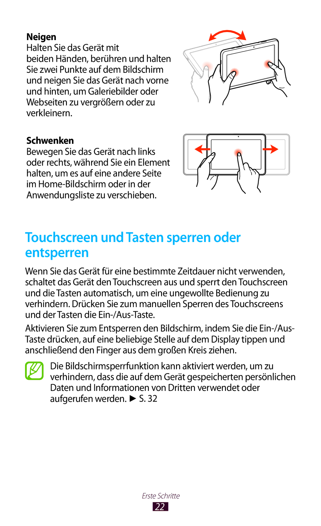 Samsung GT-P7500FKDDBT, GT-P7500UWEDBT, GT-P7500FKAATO Touchscreen und Tasten sperren oder entsperren, Neigen, Schwenken 